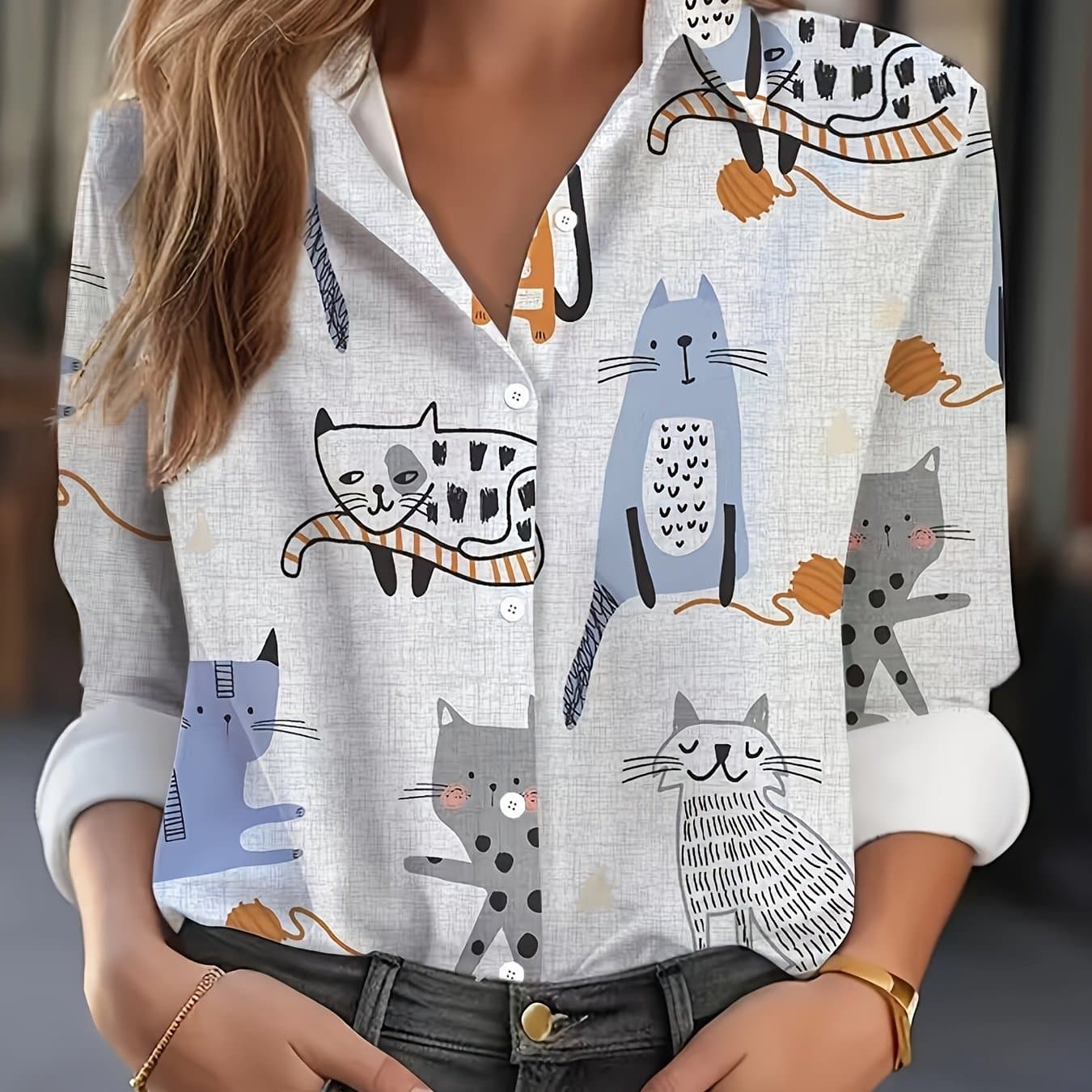 TEMU Cartoon Cat Shirt, Casual Button-up Long Sleeve Blouse, Women's Clothing