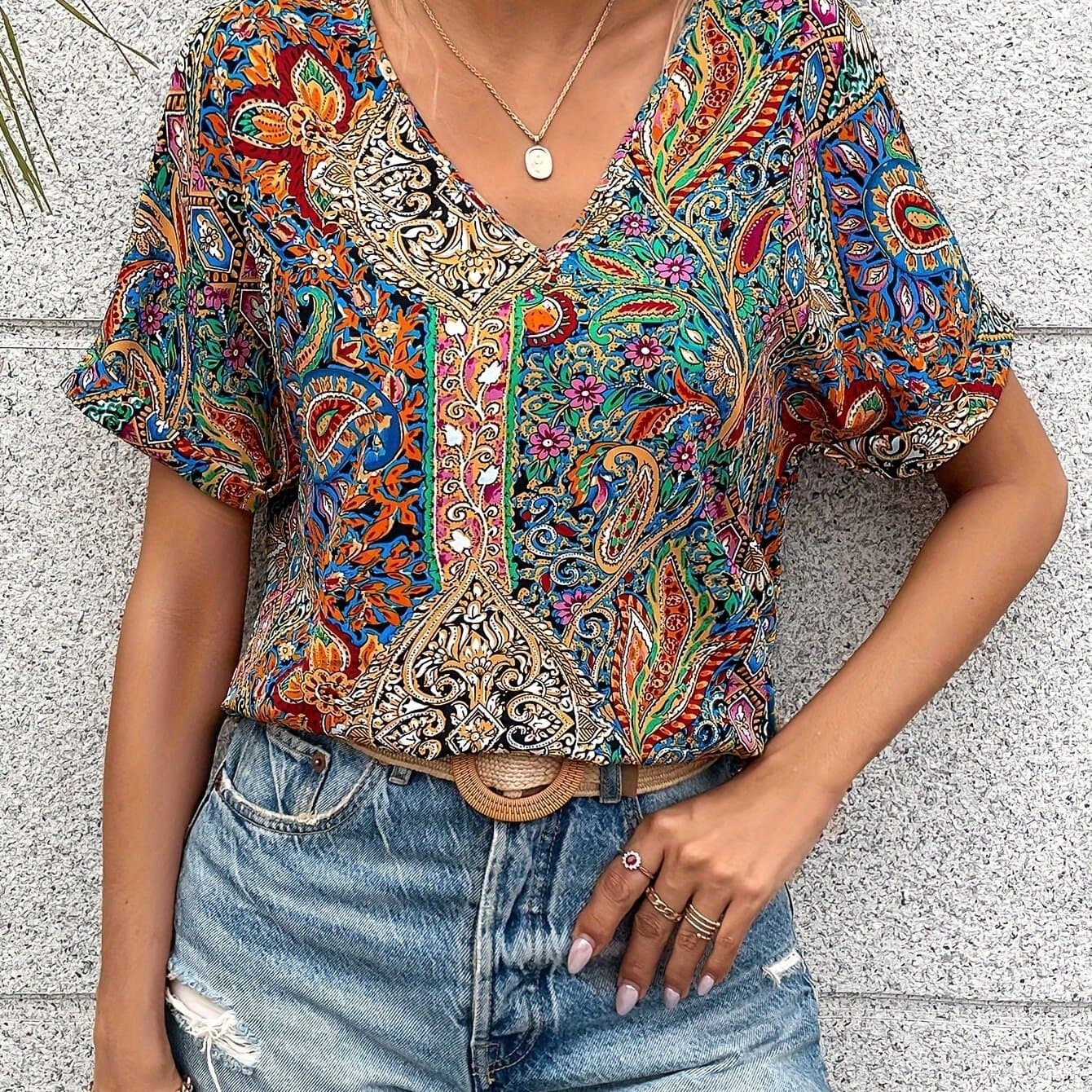 TEMU Paisley Print V-neck Blouse, Elegant Short Sleeve Loose Blouse For , Women's Clothing