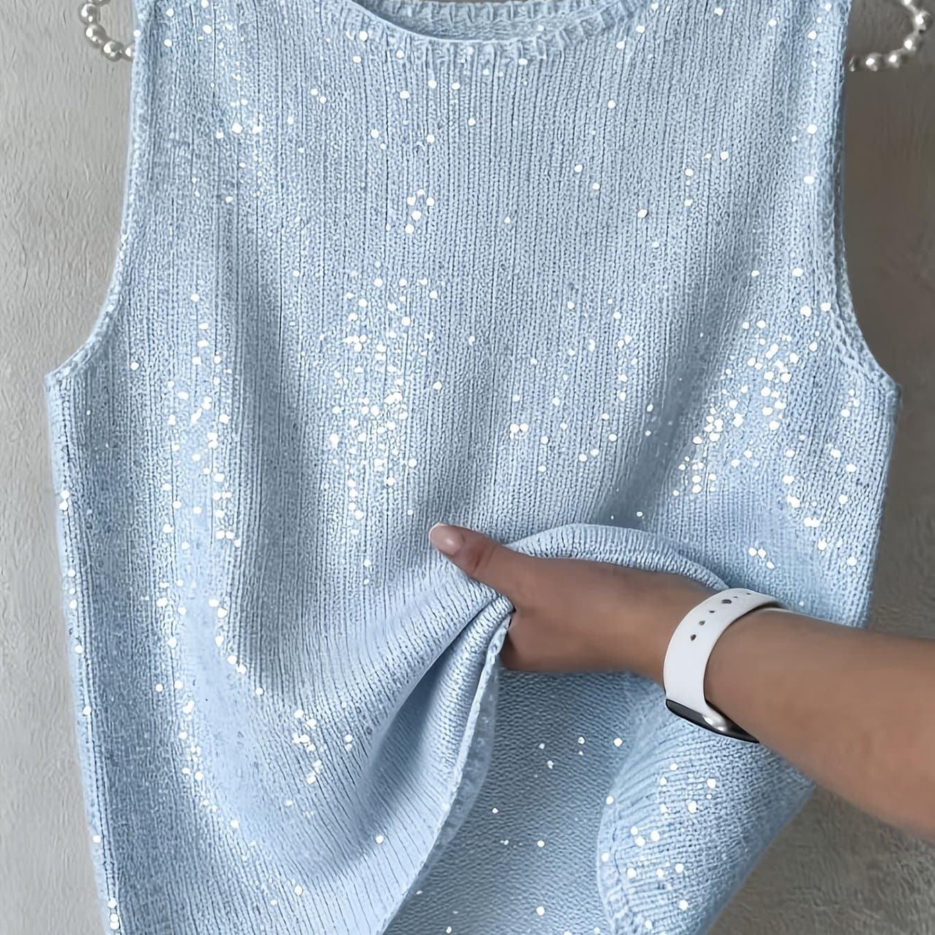 TEMU Shimmering Sequin Sleeveless Sweater Vest, Round Neck Loose Iridescent Pullover Vest