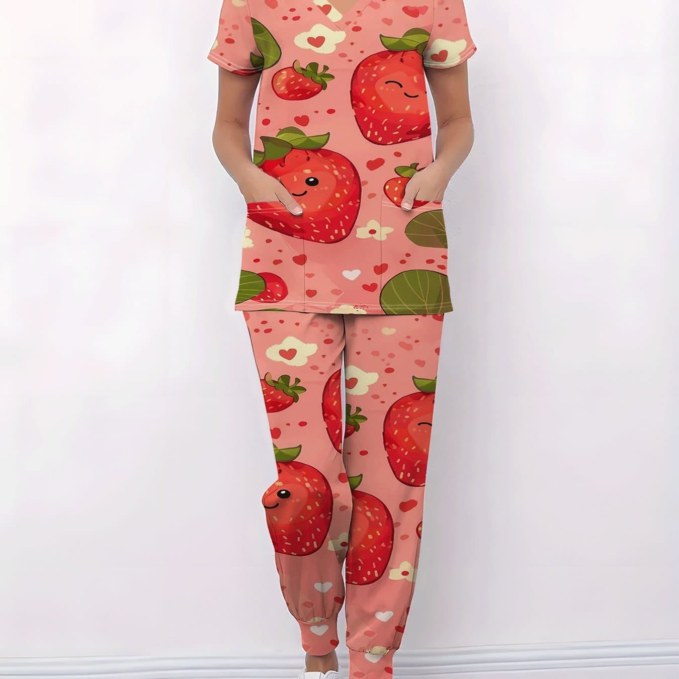 TEMU V-neck T-shirt Set With , Top With Pockets, Comfortable And Elastic Fabric, Barber, Pet Store, Chef, Doctor, Manicurist Short-sleeved Work Clothes, Uniform, Cute Cartoon Is Unique