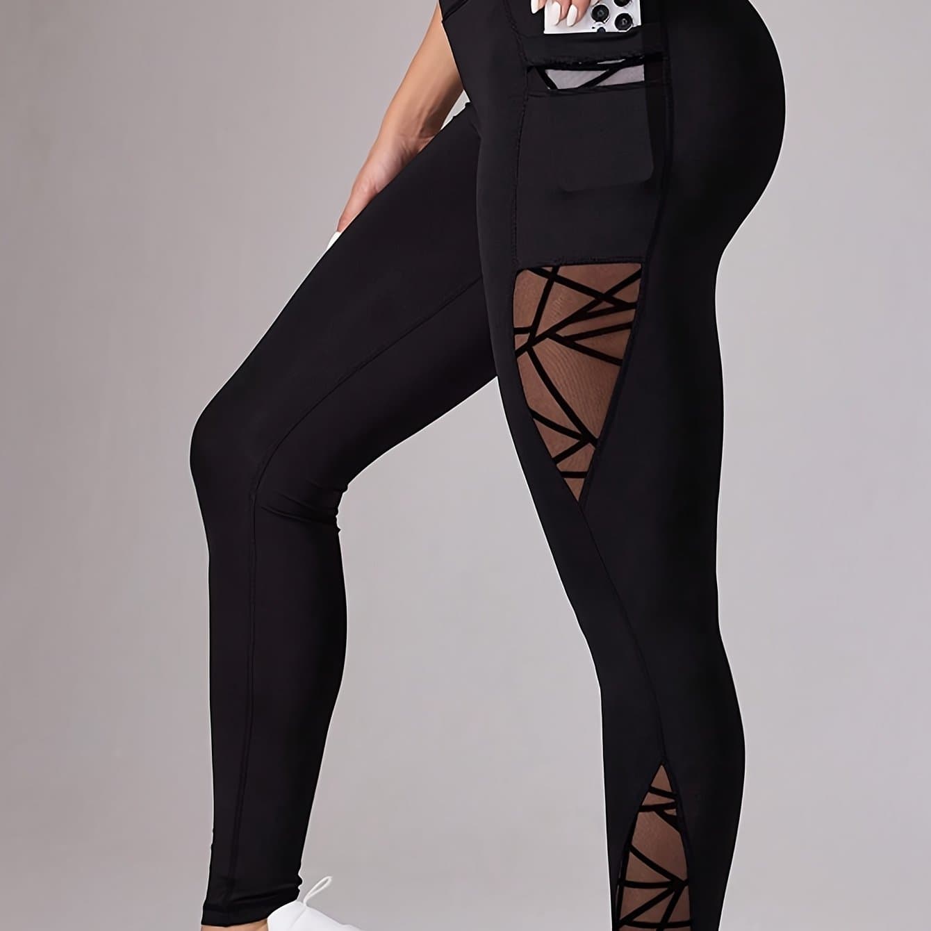 TEMU Plus Size - Plus Size - Women's Size Leggings, Hollow Out Mesh Splicing, Breathable And Comfortable, , Suitable For, Travel Vacation, Daily Casual Wear
