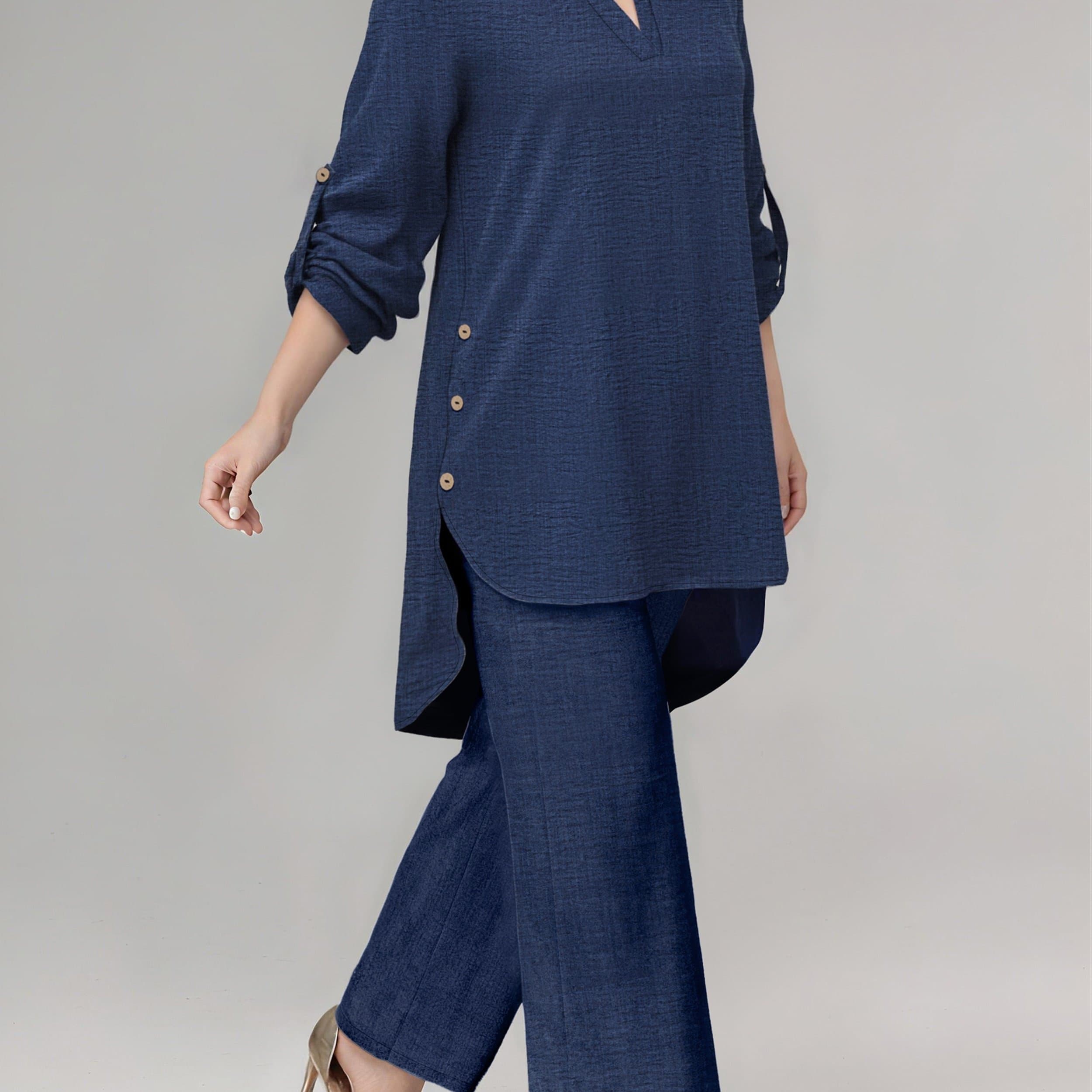 TEMU Plus Size, Women's Fashionable Solid Color Long-sleeved V-neck Top And Trousers, A Two-piece Set For Everyday .