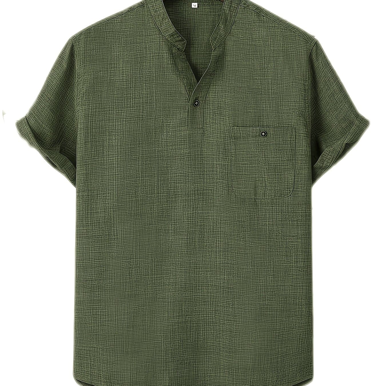 TEMU Men's Spring/autumn Solid Color V-neck Short-sleeve Shirt, Henley Shirt, Stylish And Versatile, Suitable For Various Occasions Such As Daily Commutes, Office Work, And Casual Leisure