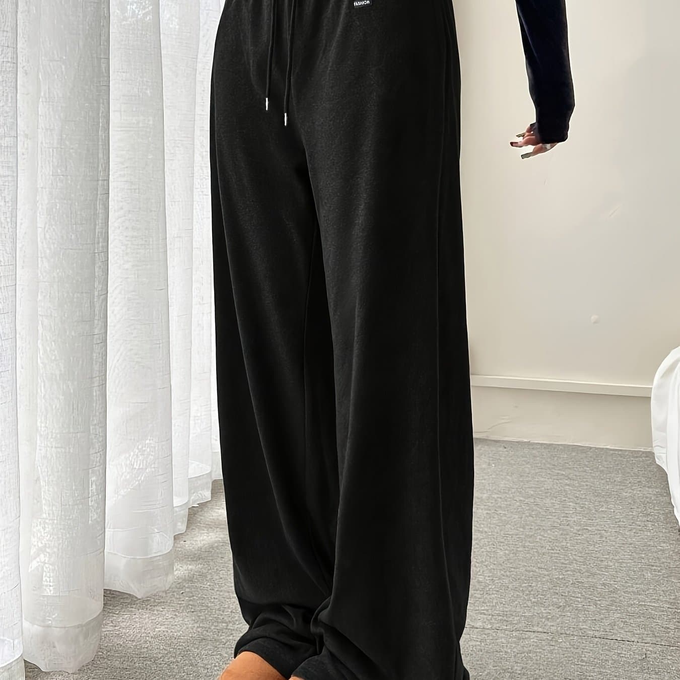 TEMU [25aw Trend] Women's German Velvet Fabric Comfortable Long Pants, Drawstring Waist With Pockets, Fall Winter Style Trousers