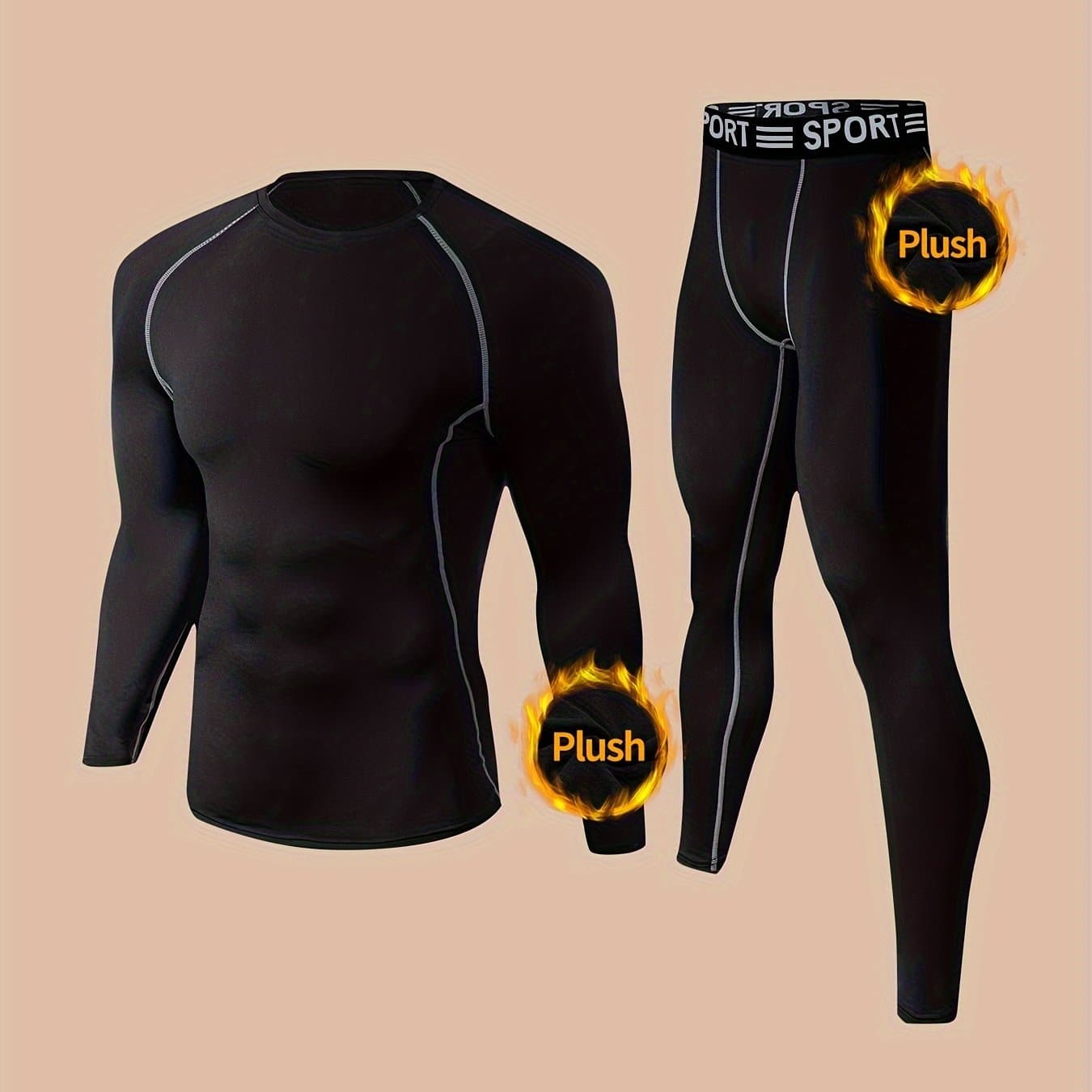 TEMU Men's Fleece-lined Thermal Base Layer For Hunting, Skiing, And Outdoor Winter Activities - Long Sleeve Round Neck Top And Pants Set