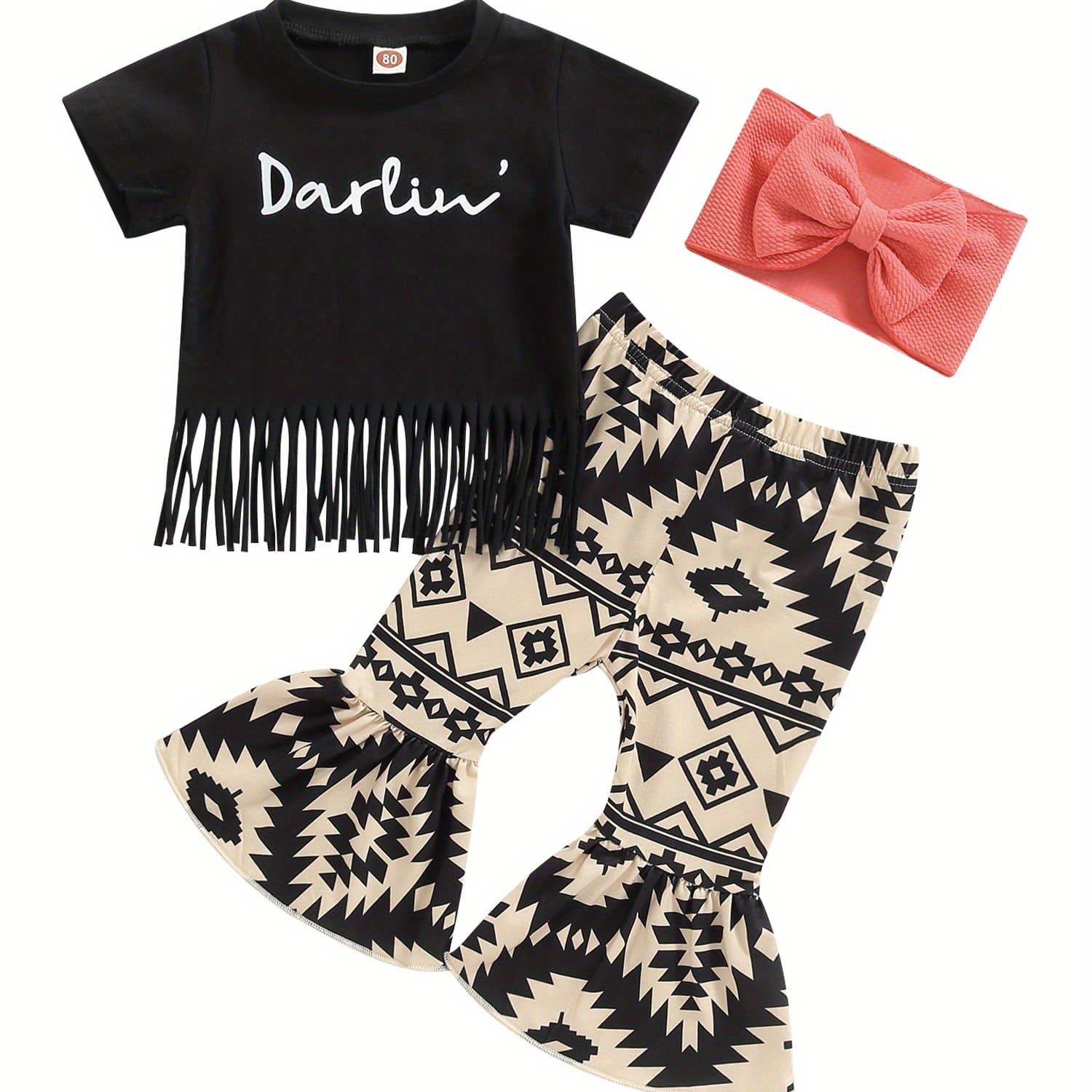 TEMU Kids Girls Summer Outfits Letters Print Short Sleeve T-shirt With Tassels And Casual Flare Pants Headbands Set, For Outdoor
