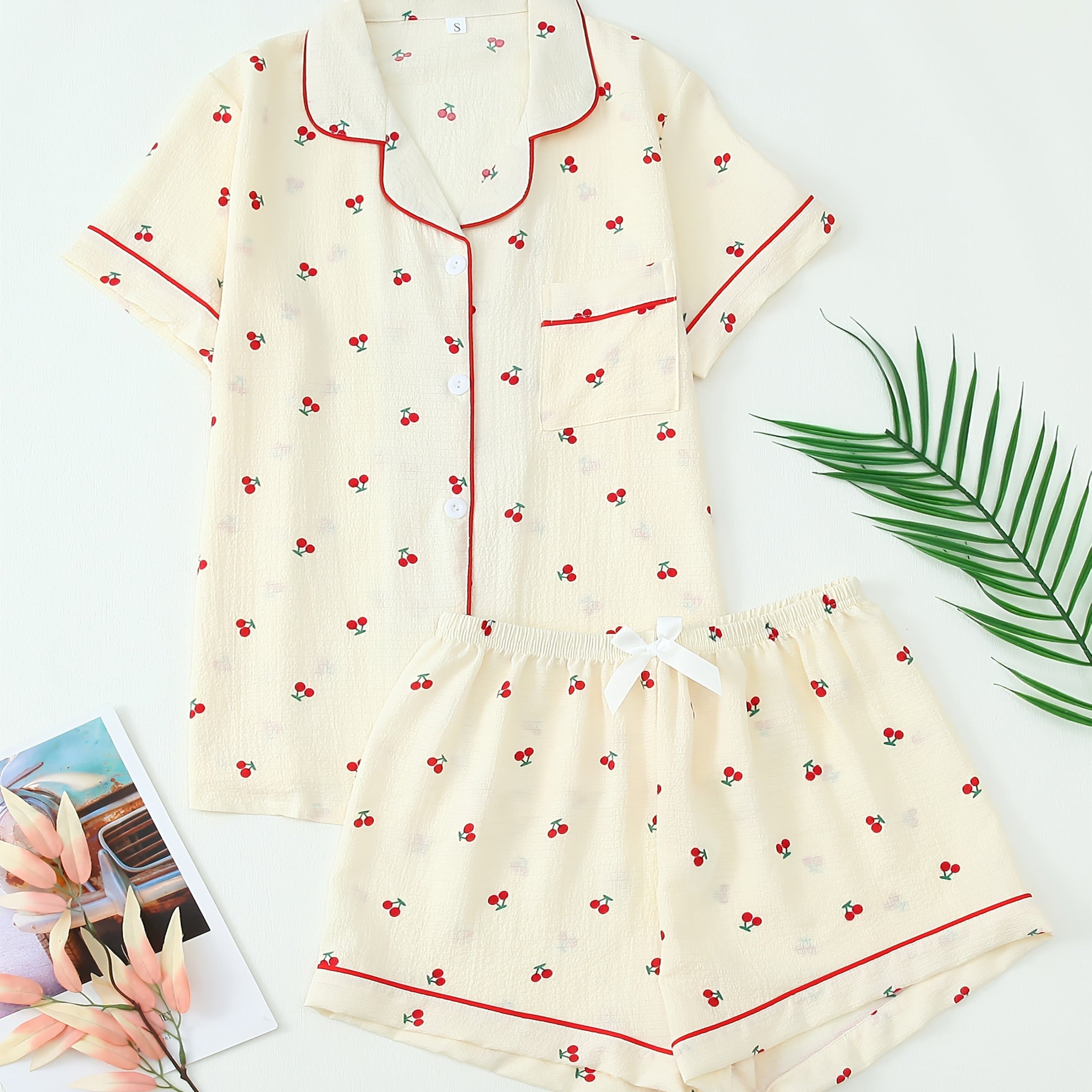 TEMU Women's Print Pajama Set, Casual Button-up Short-sleeve Cardigan With Shorts, 2pcs Outfit.