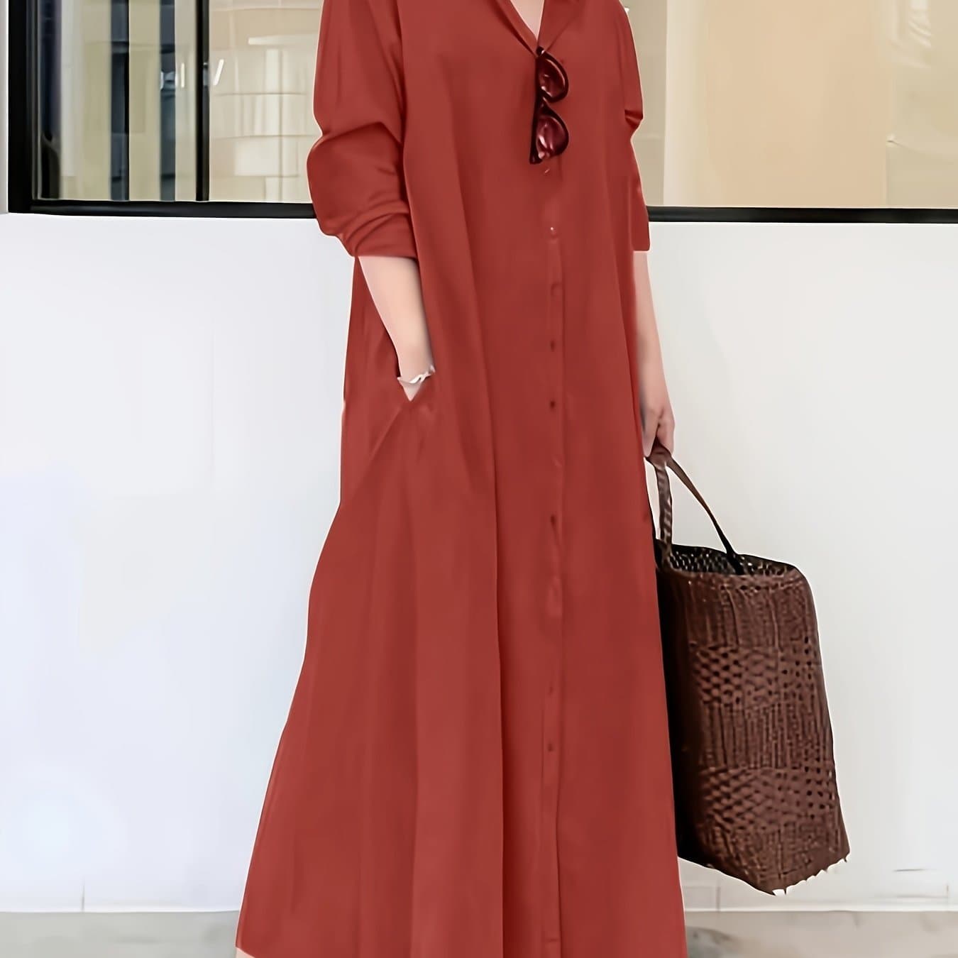 TEMU Women's Shirt Collar Single-breasted Casual Spring Summer Dress