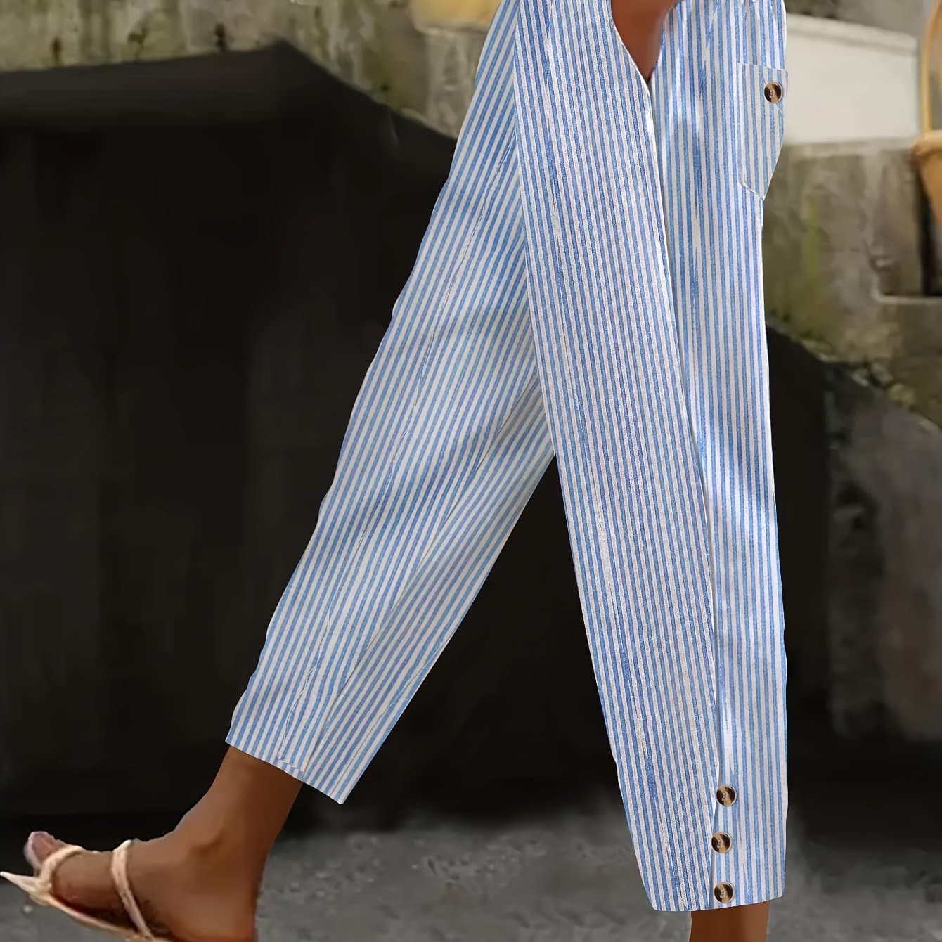 TEMU Women's Casual Striped Straight-leg Pants - Lightweight Polyester, Machine Washable, With Pockets - Spring/summer