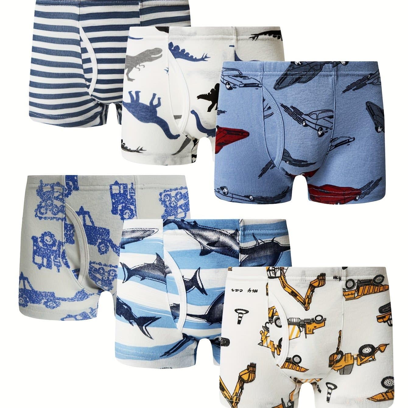 TEMU 6-pc Comfortable And Breathable Four- Underwear For Boys With Elements Like Sharks, Dinosaurs, Engineering Machines, Cars, And Stripes
