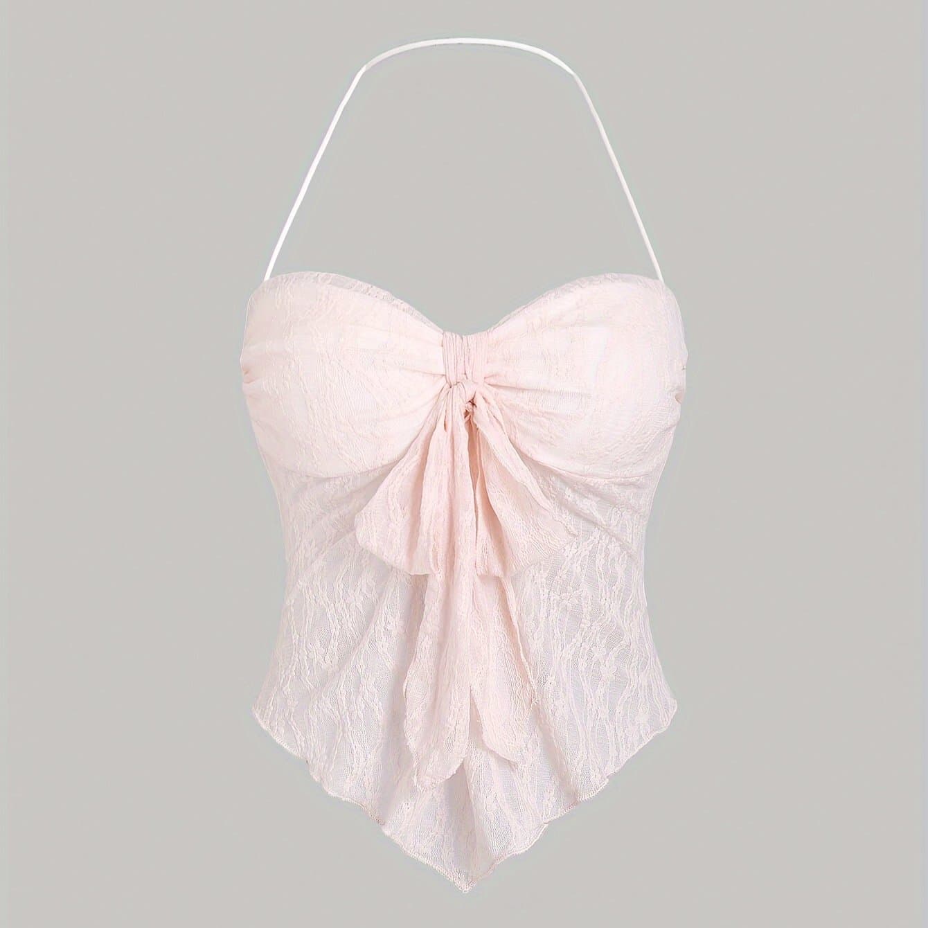 TEMU Women' Color Lace Top With Lining And Front Center Bow Decoration, Halter Neck