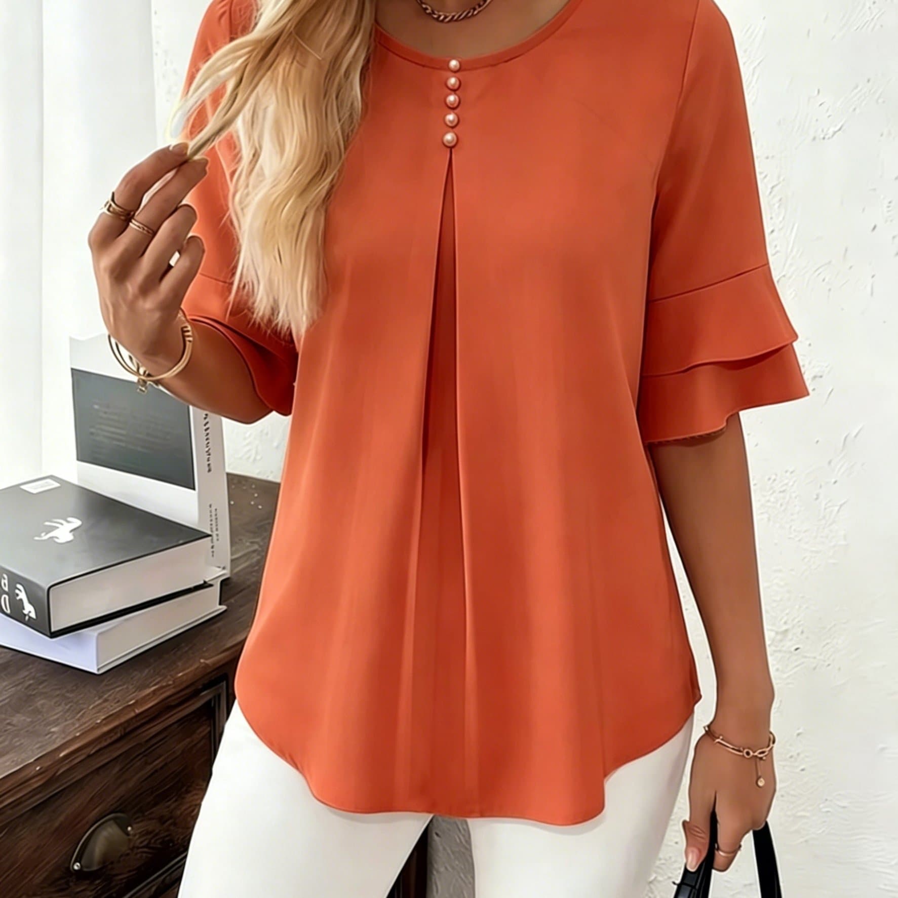 TEMU Elegant Fashion Summer Loose Solid Round Neck Button-up Shirt Flared Sleeve Ruffle Top