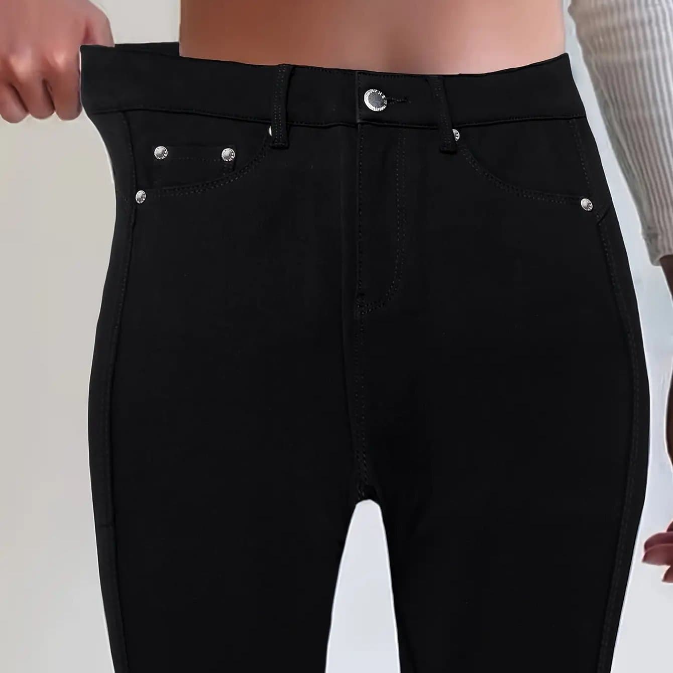 TEMU Women's High-waisted Stretchy Street Style Solid -fit Jeans With Metal Button Details