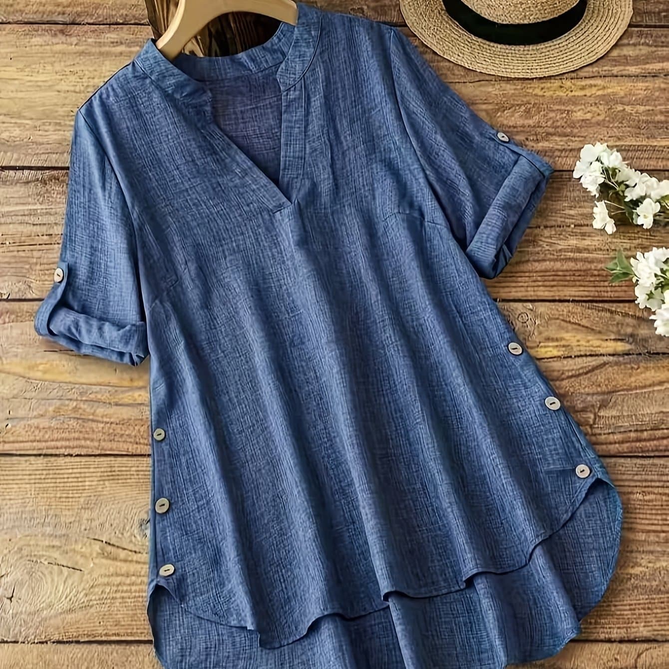 TEMU Plus Size - Plus Size - 2026 Spring/autumn -neck Blouse, Long Sleeve Roll-up, Fashion Casual Regular Shirt, Ideal For Work, Dates, Travel, And Holidays, Comfortable Soft Fabric