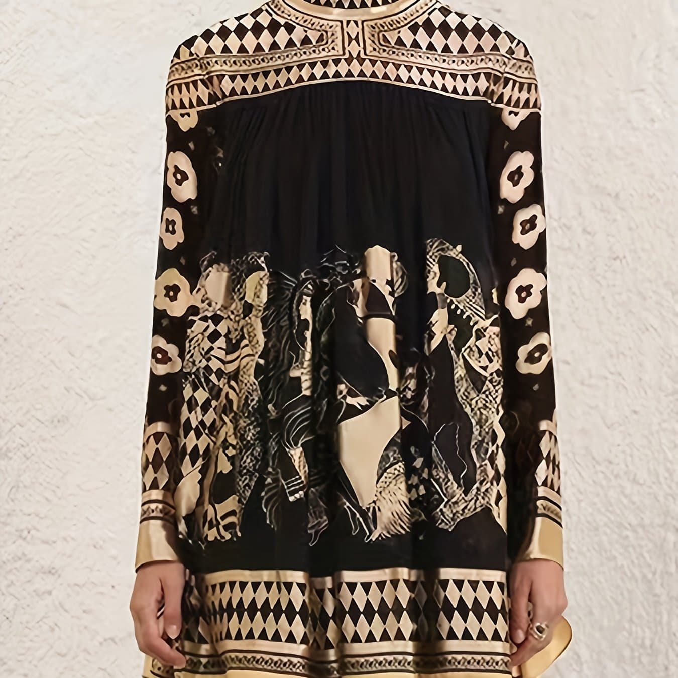 TEMU Women's Bronze Ethnic Print Stand Collar Long-sleeved Short Dress, Casual And Stylish For Office Or Commuting, Retro Party A-line Skirt