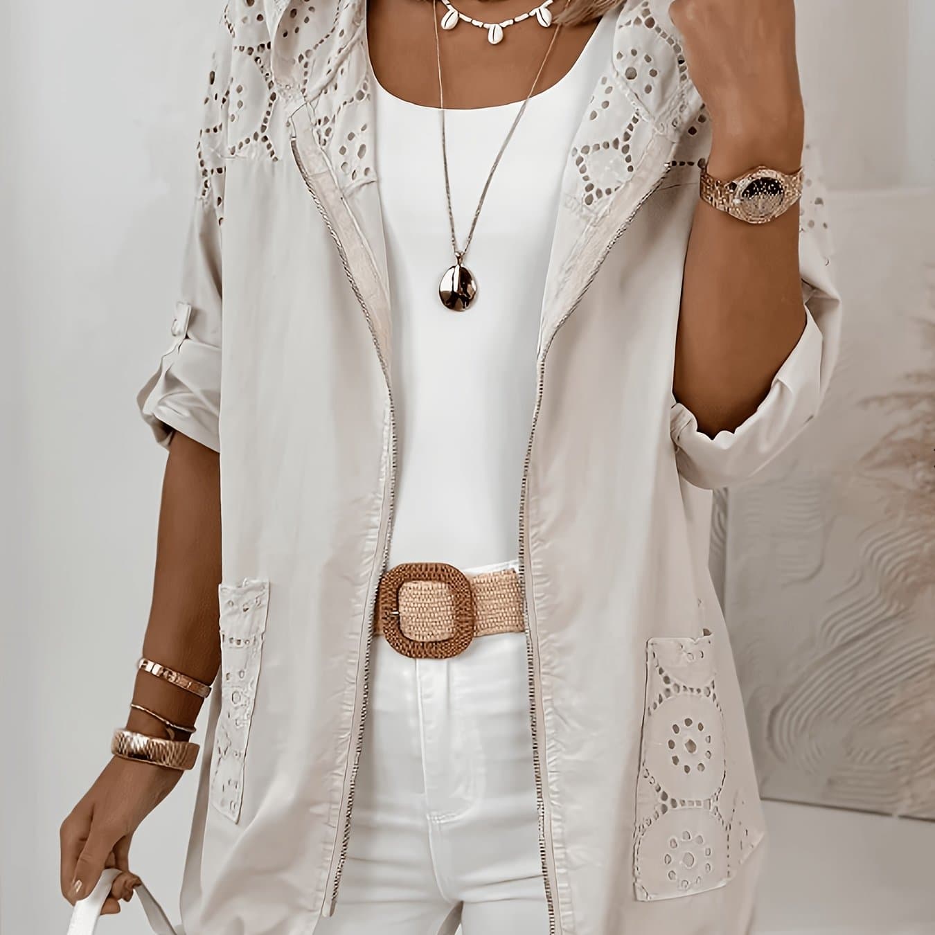 TEMU Casual Women's Hooded Thin Jacket Lace Loose Zipper Cardigan Long Sleeve Top