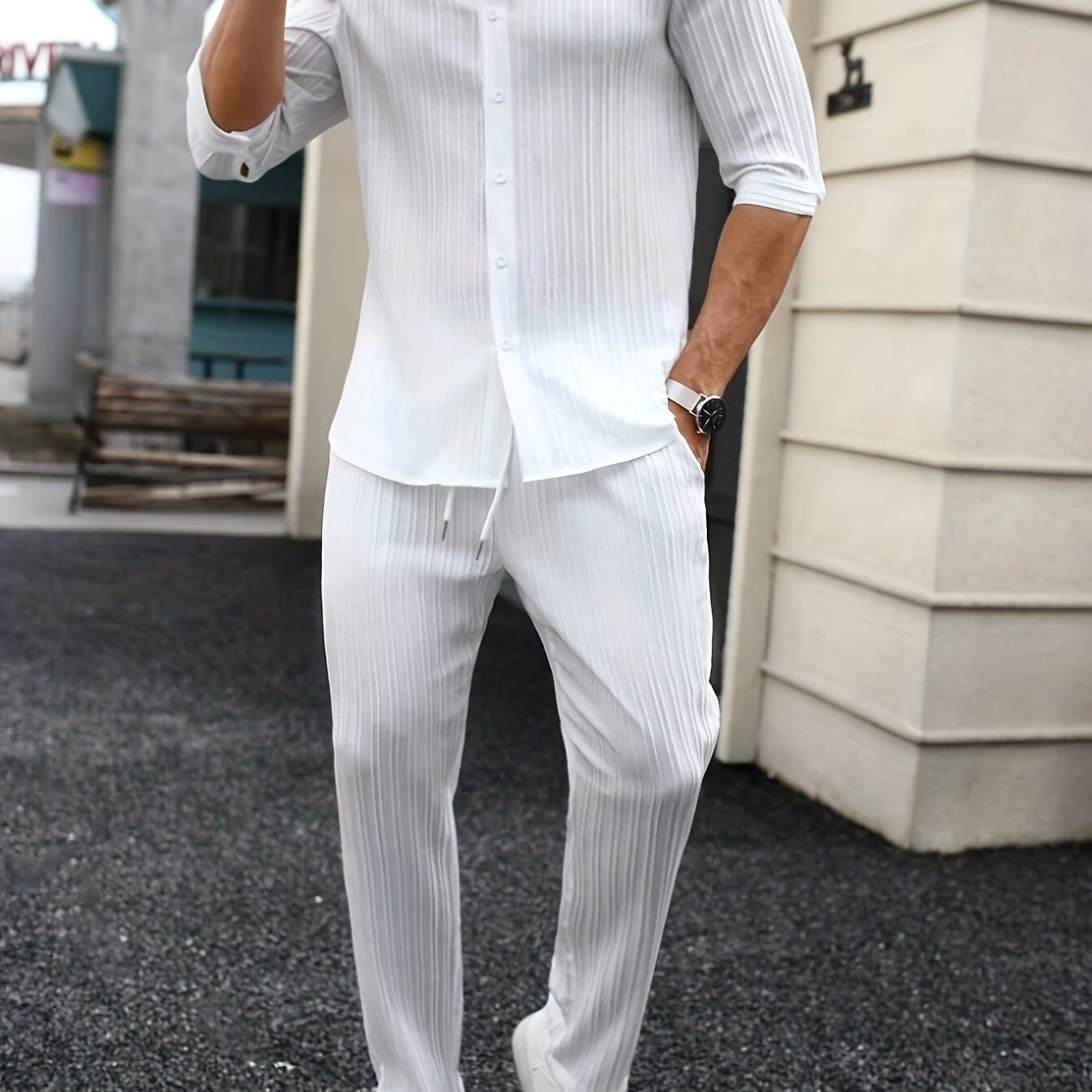TEMU Men' Color Spring/summer Casual Monk-tie Short Sleeve Shirts And Pants Set