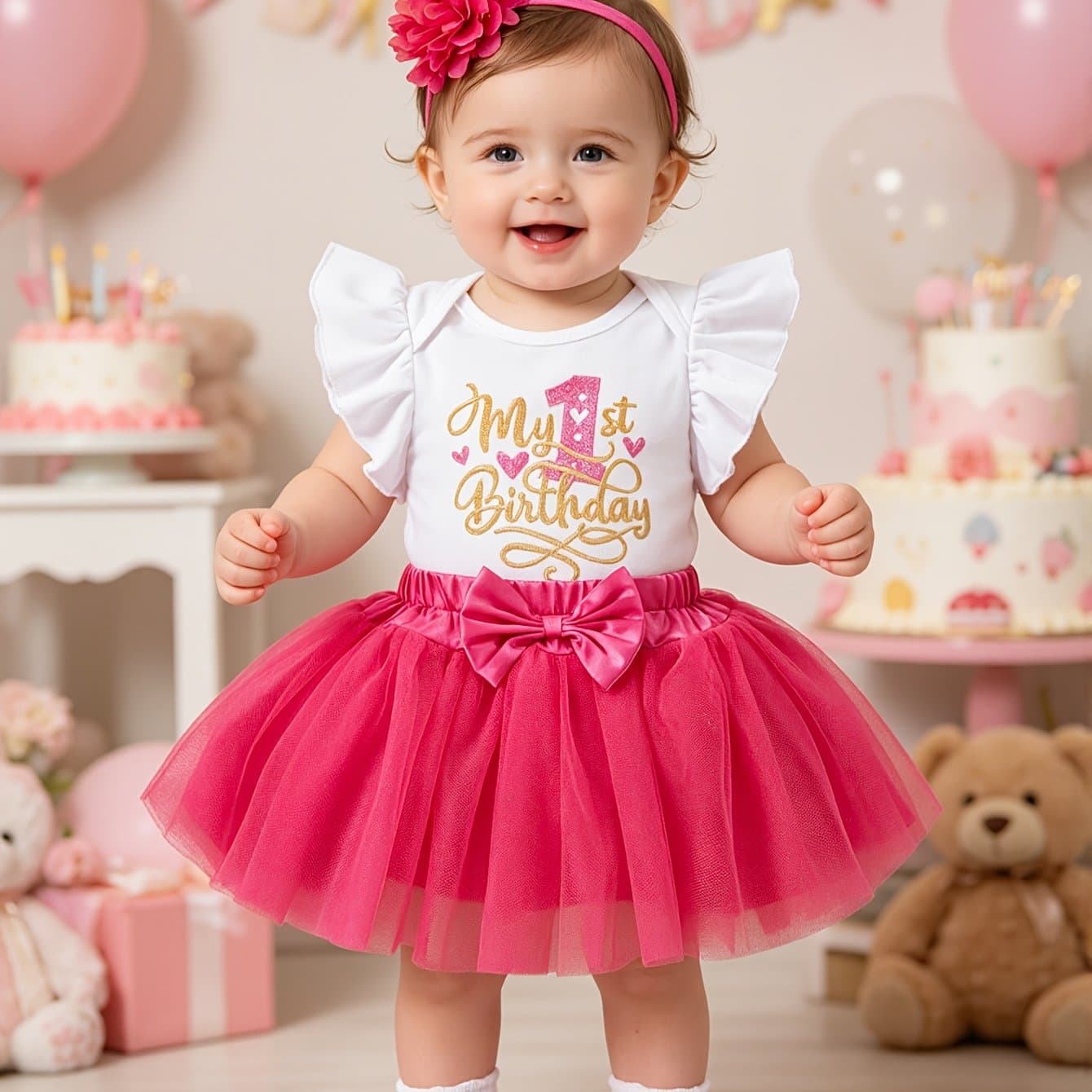 TEMU Baby Girl Fashionable Cute Letters 1-character Fly Sleeves Bag Shirt Bow Mesh Skirt Hair Accessories 3pcs Set Baby Year Old Celebration Photo Party Suit, Perfect For Outdoor