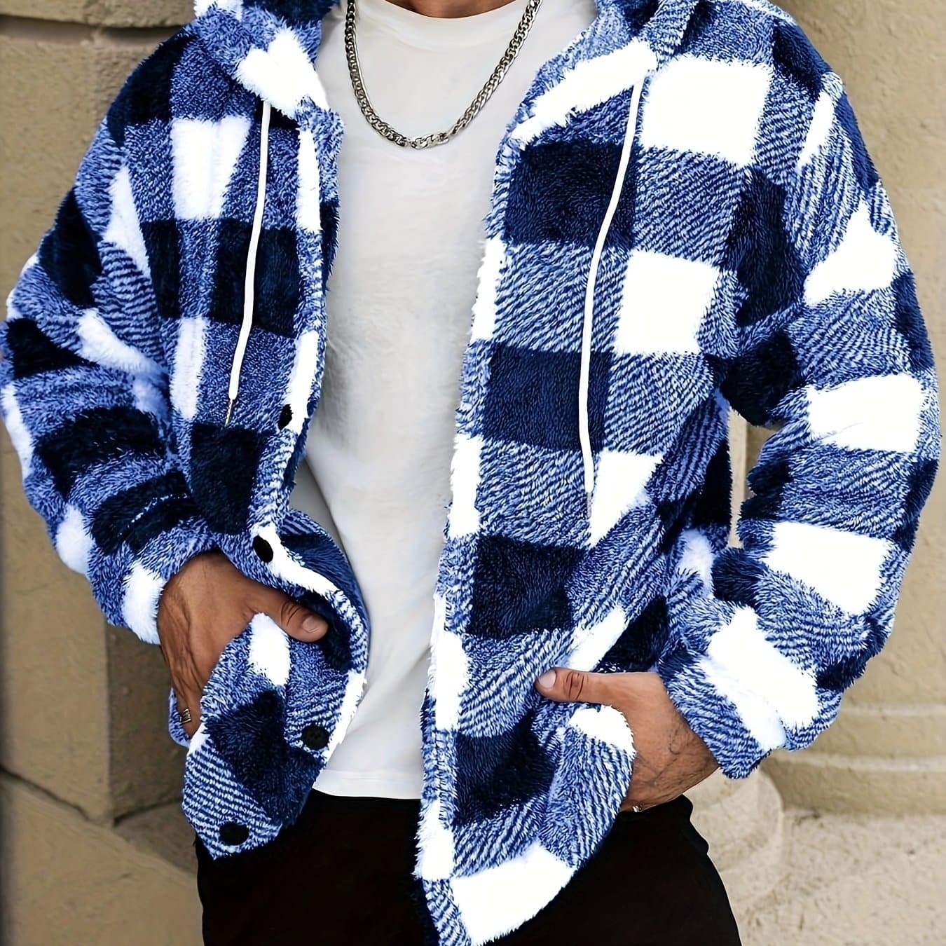 TEMU Men's Print Thermal Lined Hooded Long-sleeve Casual Short Top, Autumn/winter Flannel Short Top For , A Gift For , Husbands, Or