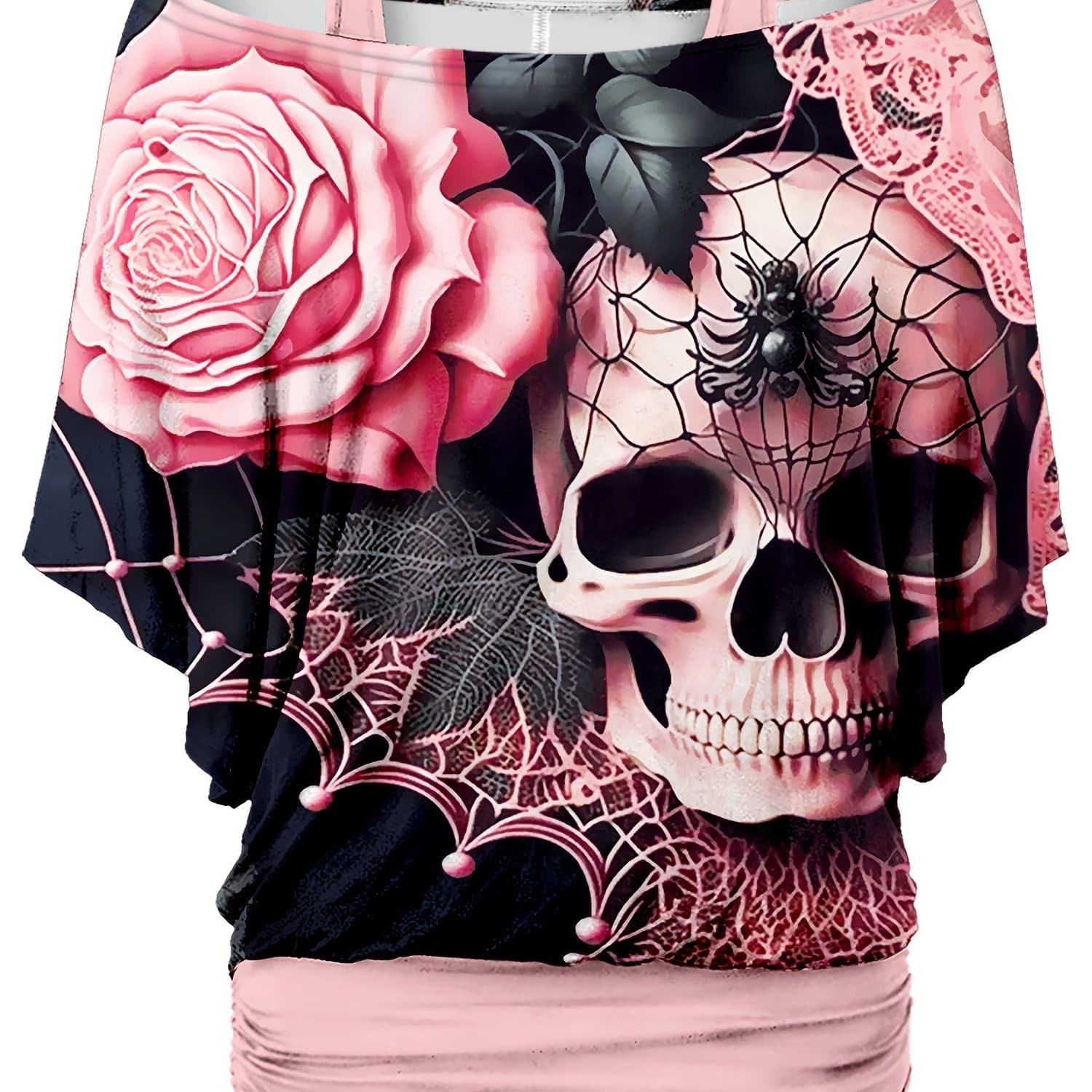 TEMU Plus Size - Plus Size - Gothic Skull And Women's T-shirt - Off-shoulder, Loose Style, Short Sleeves, Dark Pink With Black Spider Web And Lace Accents, Casual Summer Top, Tee | Print Top | Print