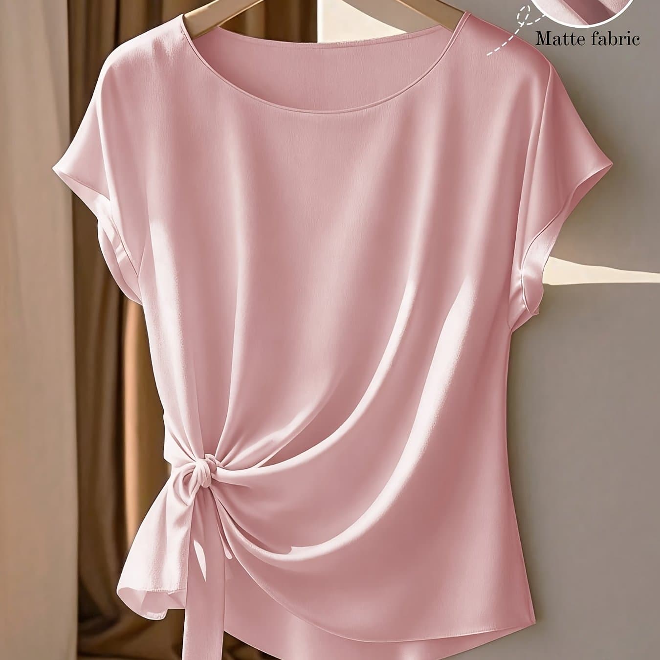 TEMU Plus Size, Chizhaoxue Plus Size Women's Elegant Short Sleeve Round Neck Ruffle Trim Tie Bow Blouse, Khaki, Suitable For Spring And Summer Wear