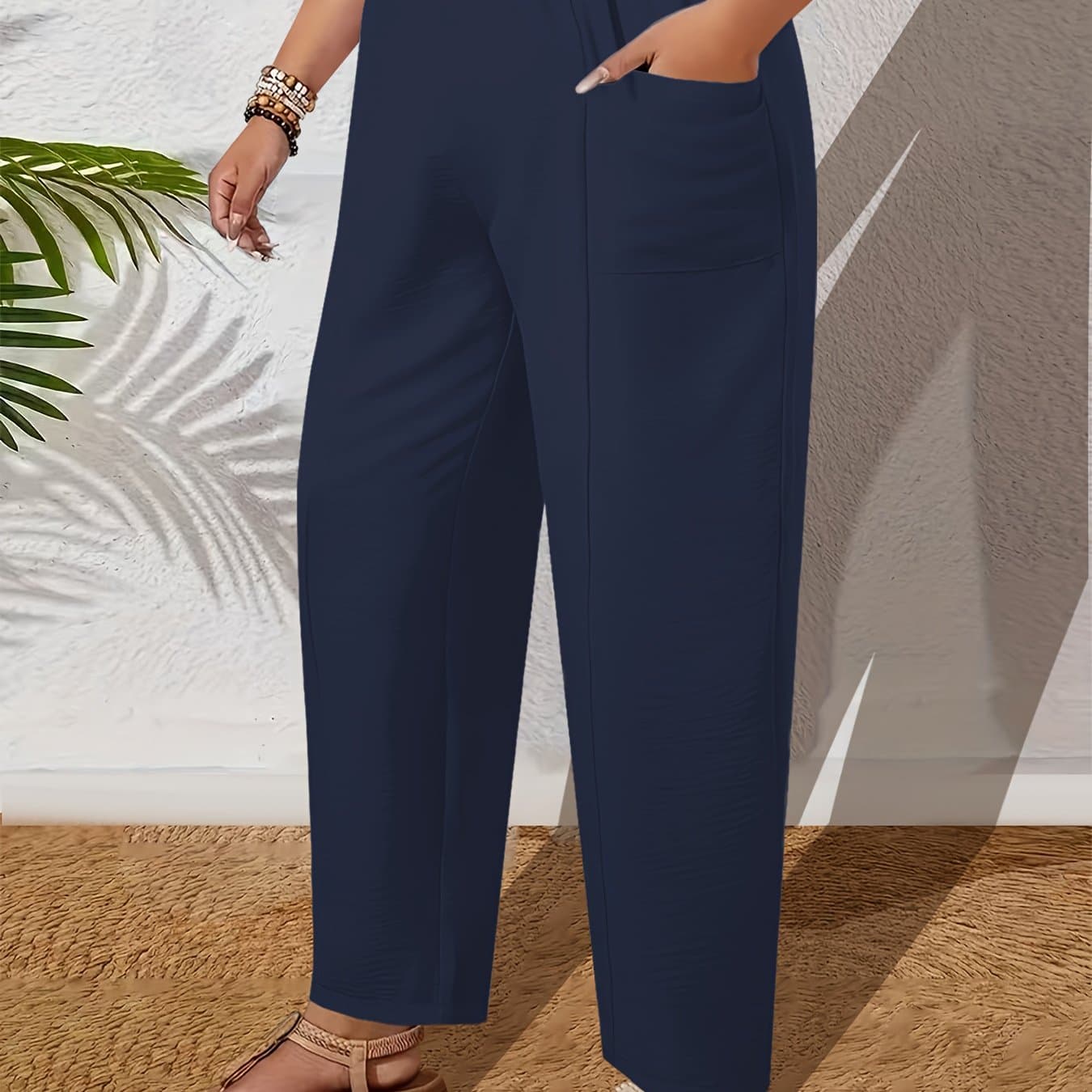 TEMU Plus Size, Must-have Elegant Style For Plus-size Women! Washed Crinkle Fabric White Pants, Practical Double-side Pockets, Super Soft & Breathable And