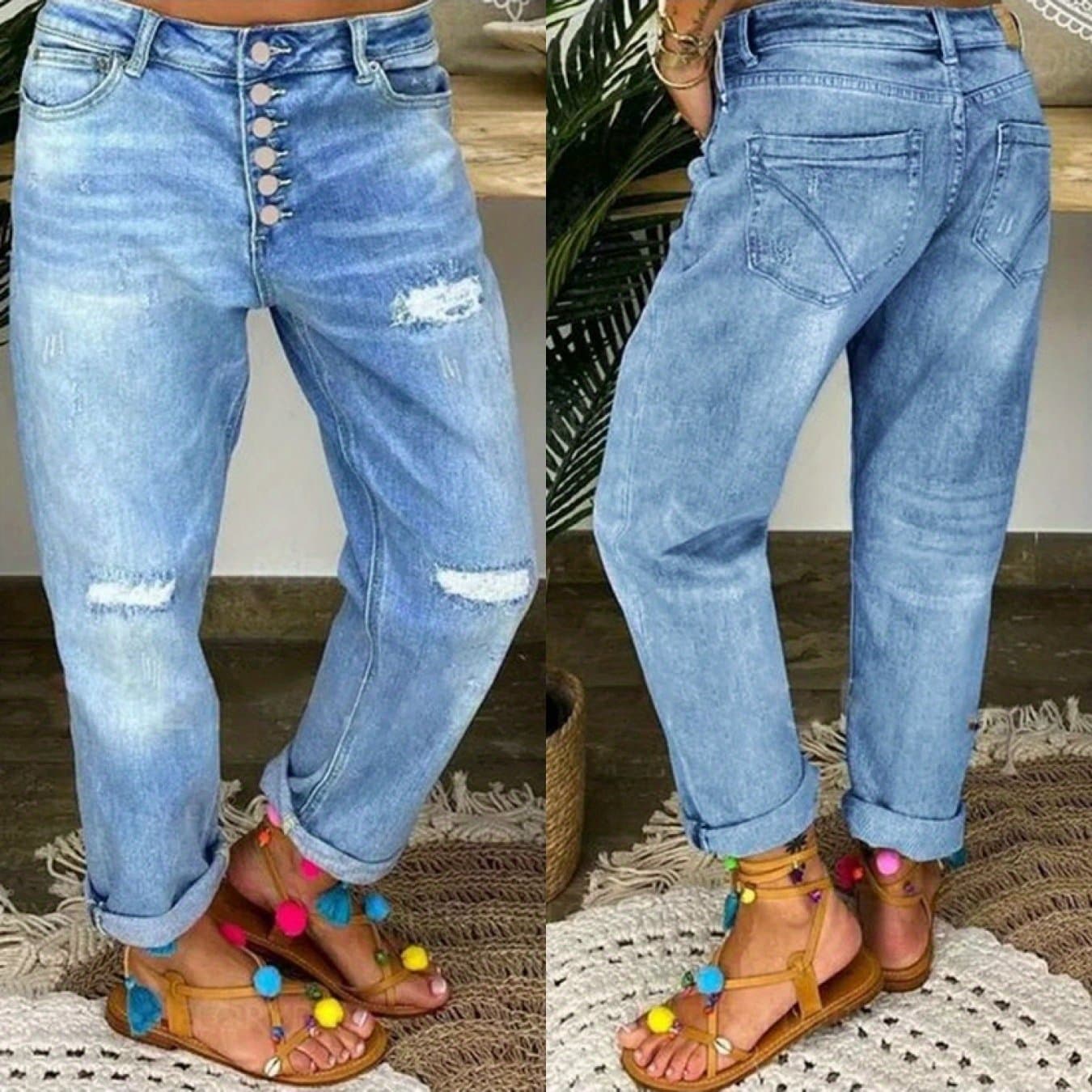 TEMU 2025 New European And Ripped Jeans Women's Loose Straight Casual Trousers In Stock