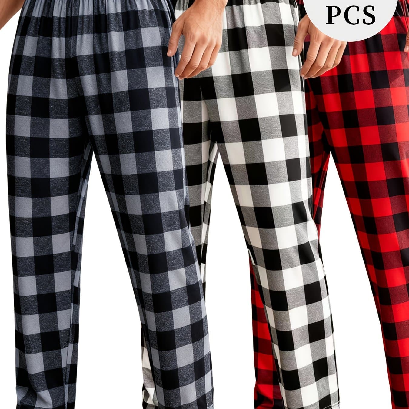 TEMU Set Of 3 Men' Trousers Featuring Designs With Checkered And Large Grid Styles - Long Bottoms Ideal For Relaxation, Washable In Machine (3pcs Bulk Set)
