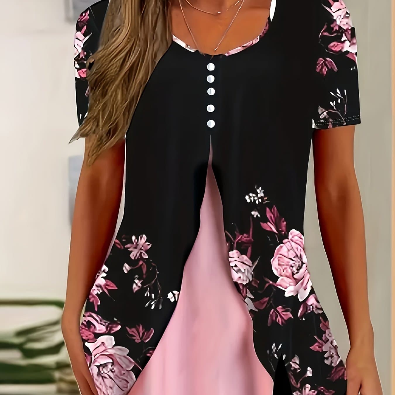 TEMU New Summer Short-sleeved Printed Fake 2pcs T-shirt V-neck Fashion Stud Top