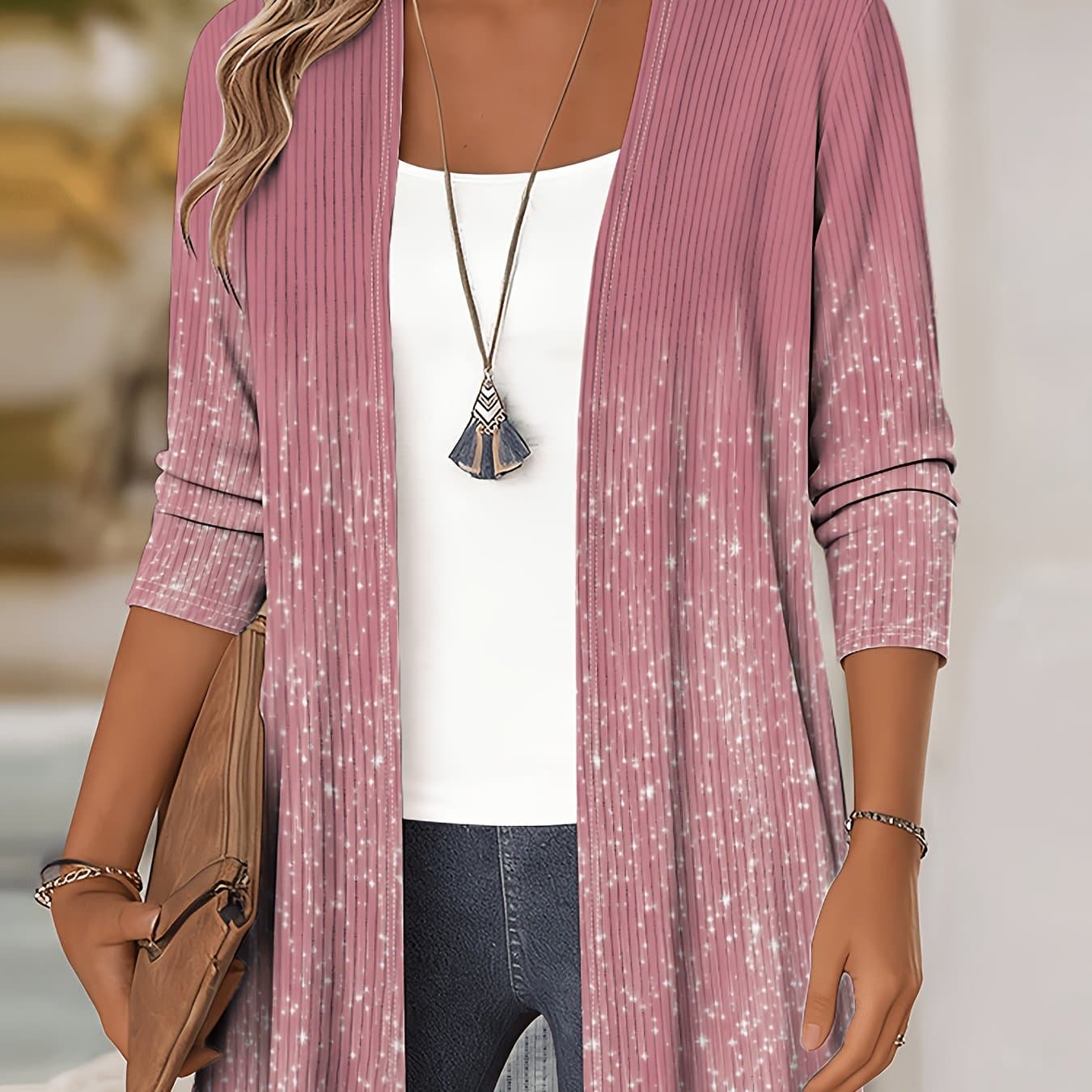 TEMU [printed Design – Not Textured]women's Elegant Printed Cardigan - Long Sleeve Casual Jacket, , Gradient Pattern , Machine Washable, Comfortable Lightweight Versatile Fashion