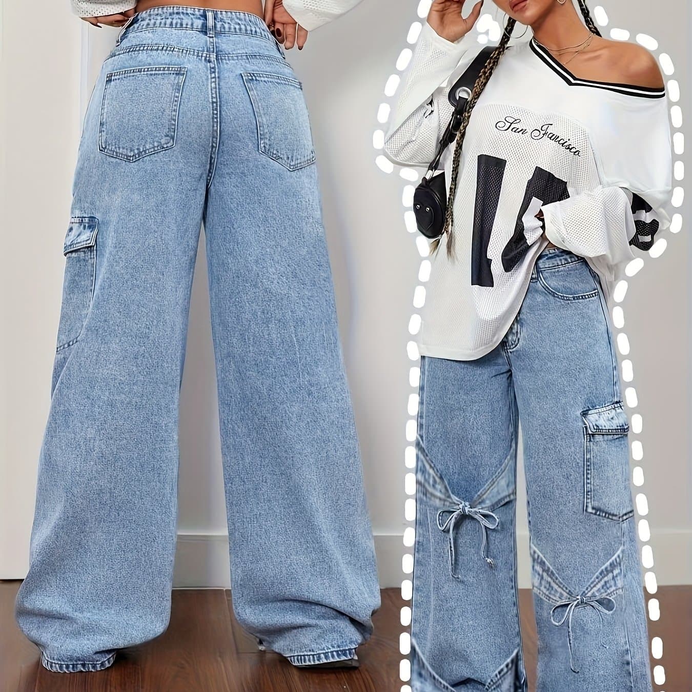 TEMU Women's Plus Size Denim Clothing Curved Bow Side Pocket Straight Trousers