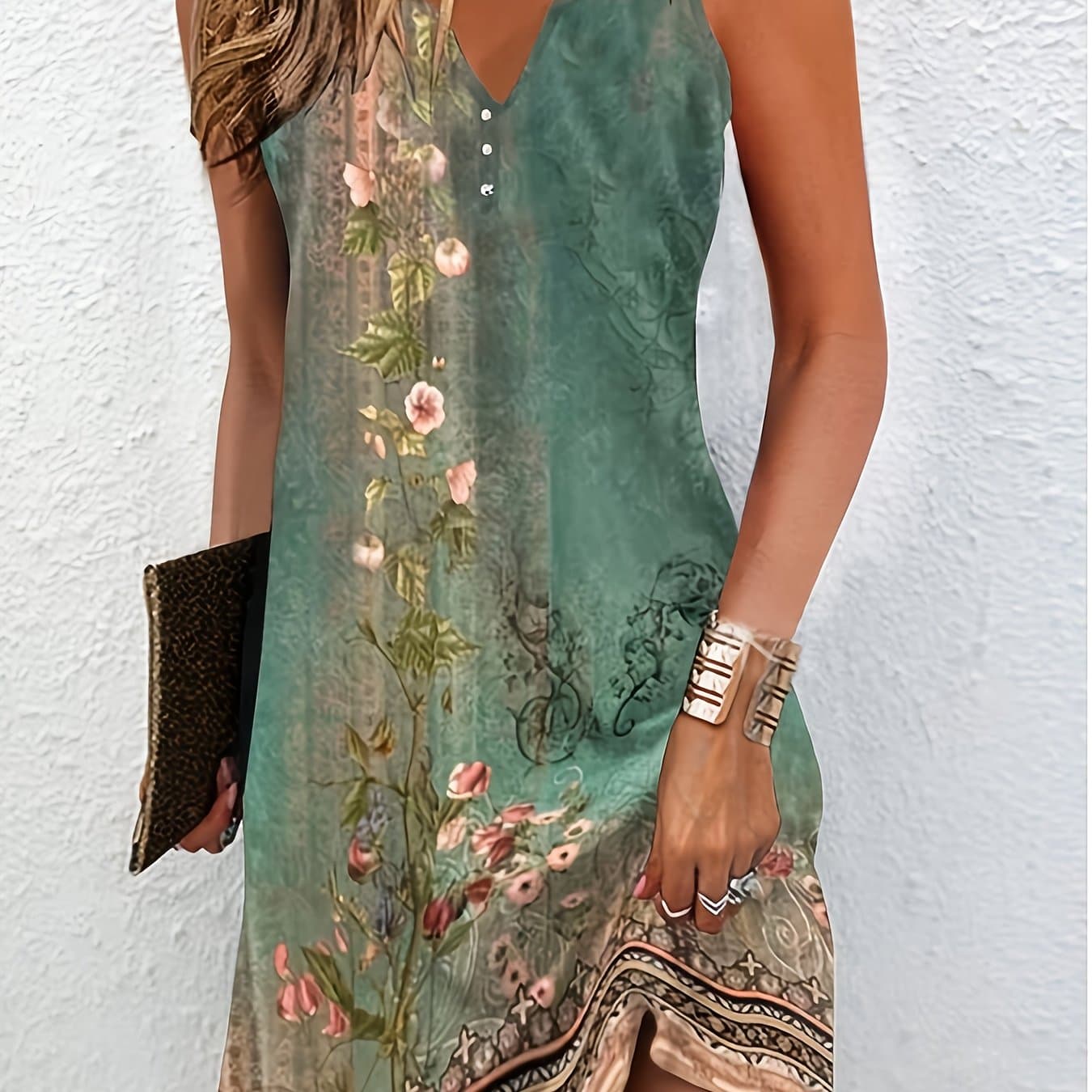 TEMU Elegant Women's Deep V-neck Knee-length Printed A-line Stretchy Machine-washable Dress For Spring/summer Casual And Formal Occasions, Cute Dress