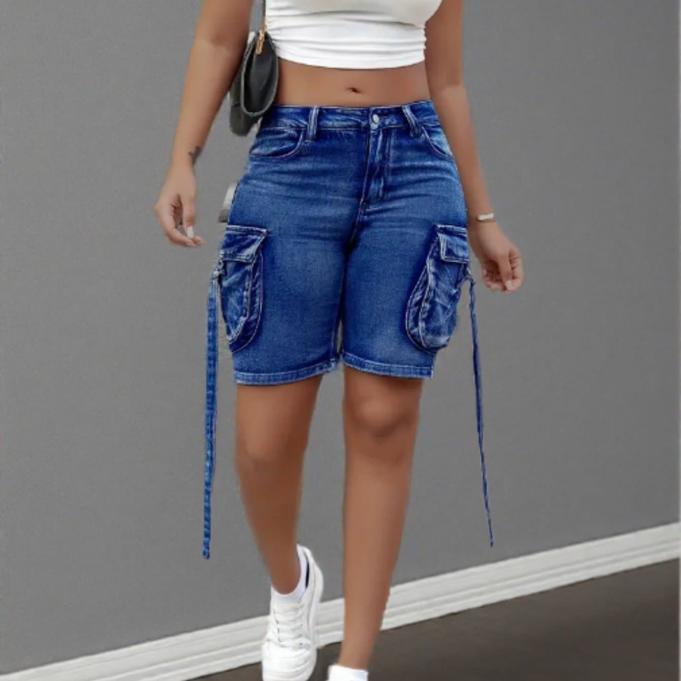 TEMU Women's Workwear Style Pocketed High Quality Stretch Denim Shorts - Multiple Pockets, Button Decoration, Retro Workwear Style, Fine Stitching, Comfortable And Fashionable.