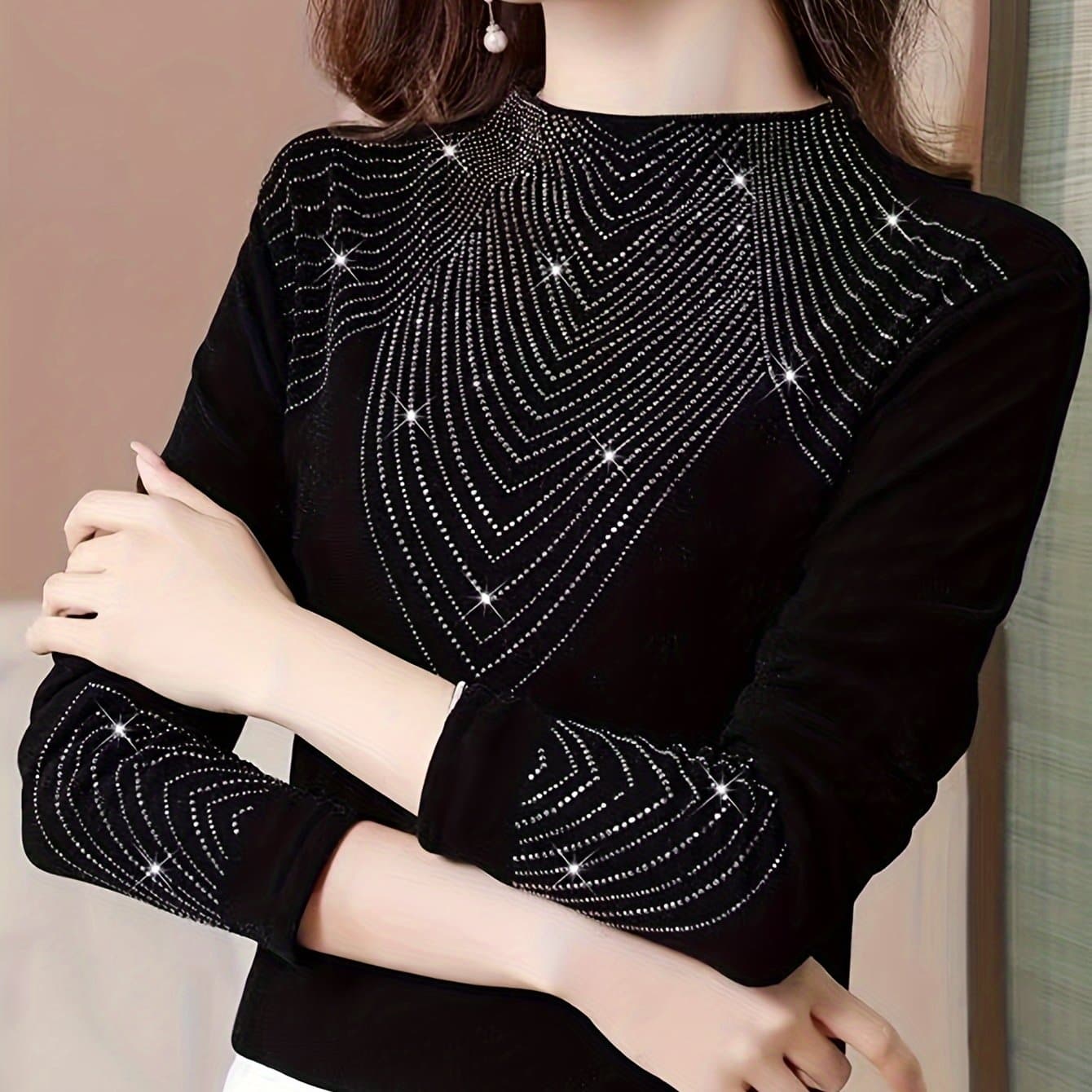 TEMU Elegant Decorated Women's Stand Up Collar Sweater - Chic Long Sleeved Pullover, Autumn And Winter