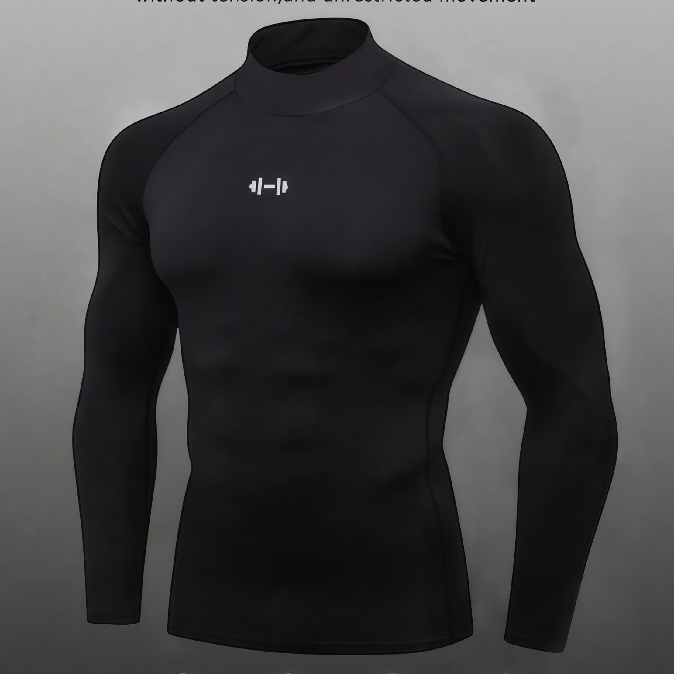 TEMU Men's Black Stand Collar Long Sleeve Sports T-shirt Breathable Comfortable Slim Fit For Gym Training Compression Gym Top