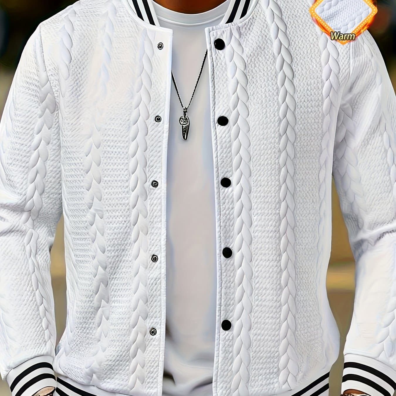 TEMU Men's Fashion Jacket, Autumn/winter Casual Wheat Ear Jacquard Fabric Contrast Ribbed Long Sleeve Men's Jacket