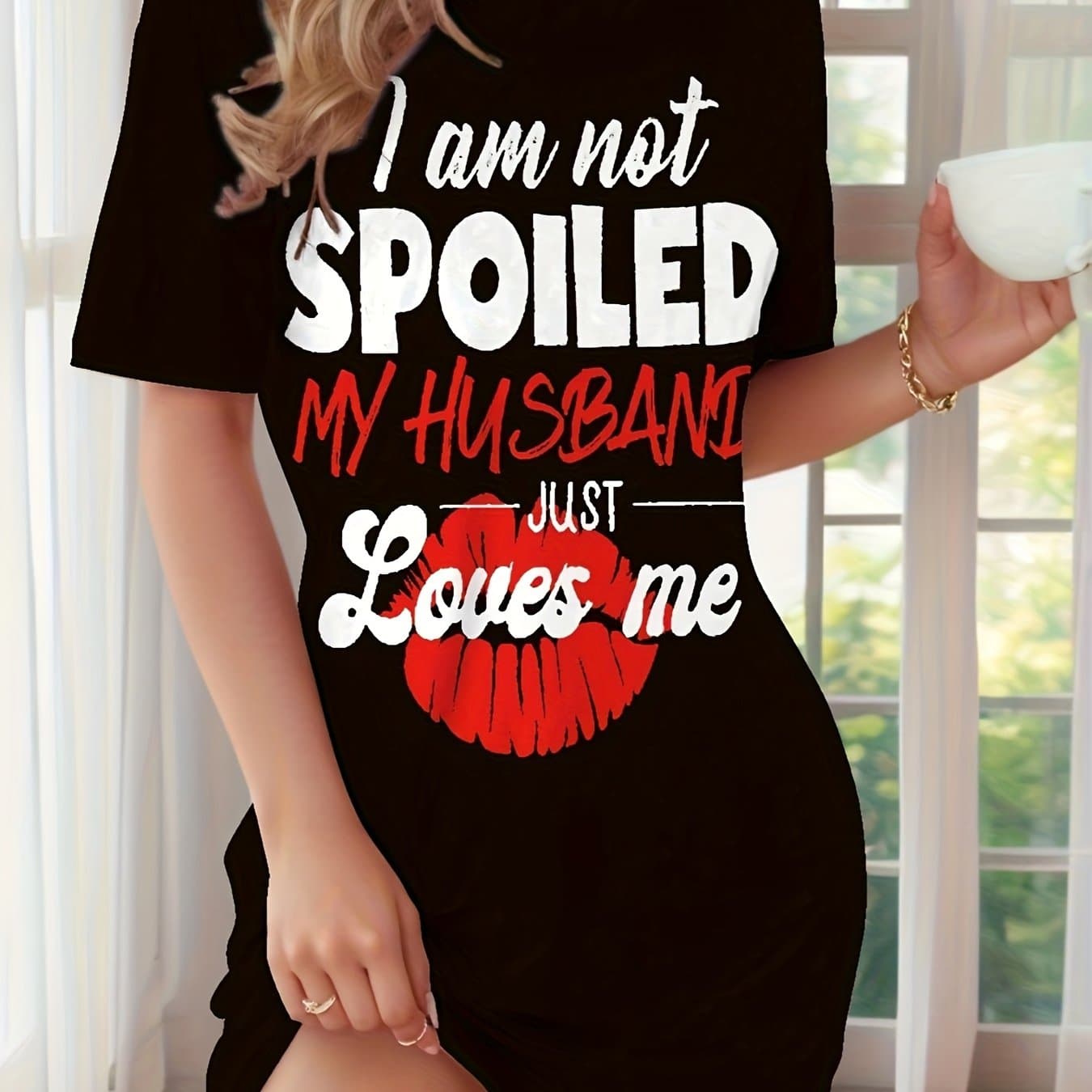 TEMU Casual Short-sleeve Pajamas For Women Featuring The Print " , Just By My Husband" Along With A Red Lips Pattern. Are Machine Washable, Suitable For All , Made From Breathable Fabric