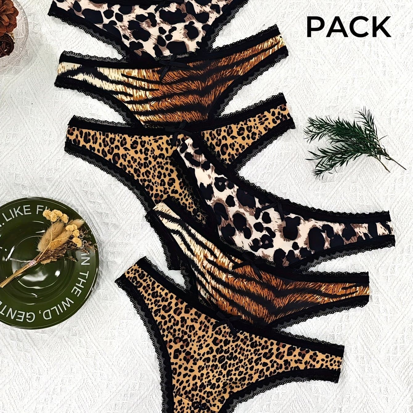 TEMU 6pcs Leopard Print Lace Thong Panties, Sexy Breathable Quick-dry Underwear For Women, Comfortable Minimalist V-string Style With Bow Detail, Assorted Patterns