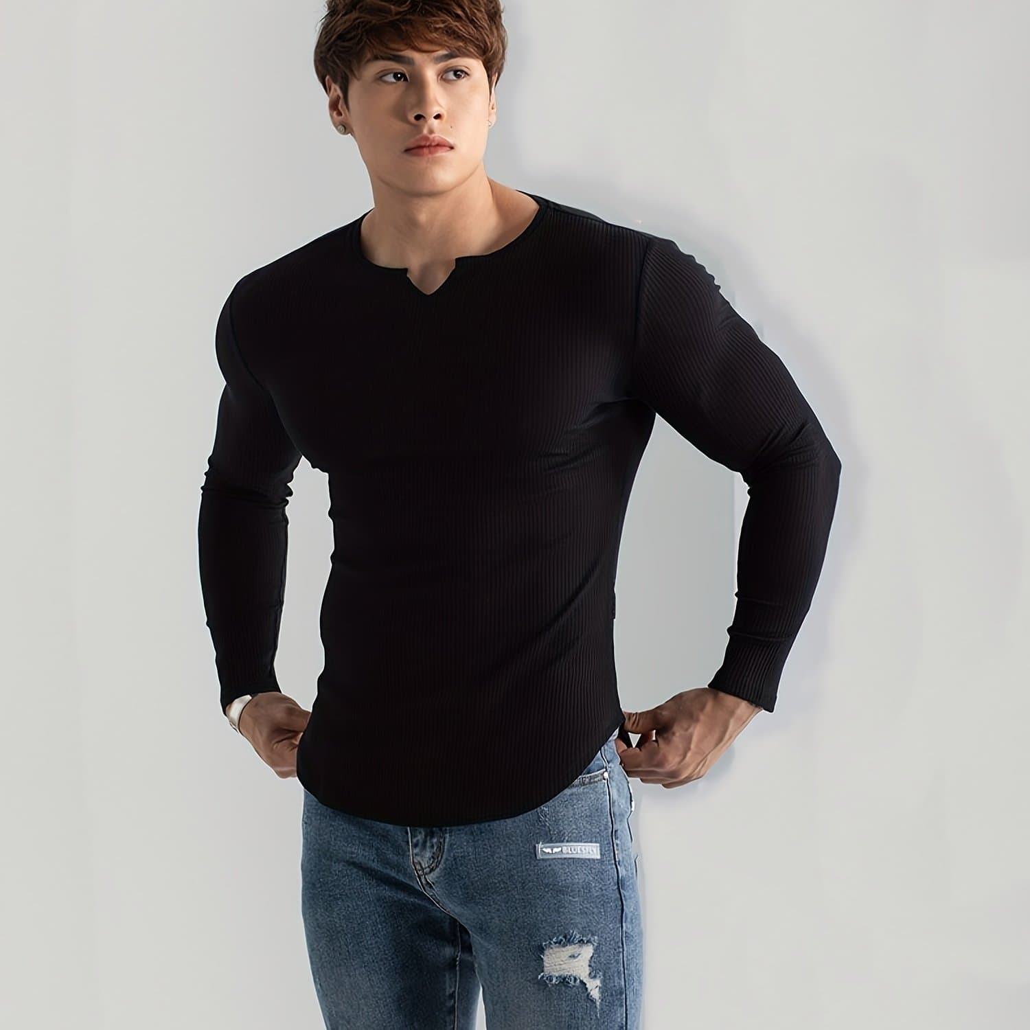 TEMU Men' T-shirt, Casual Comfy Long Sleeve Tight High Stretch V Neck Tee, Men's Clothing For Outdoor