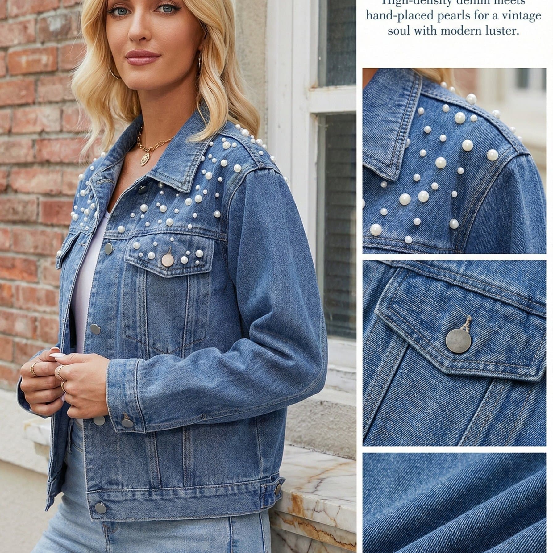TEMU Women's Denim Jacket, Pearl Beaded, Front Button, Denim, Suitable For Casual, Party, Etc., Party Coat | Pearl Embellished Denim
