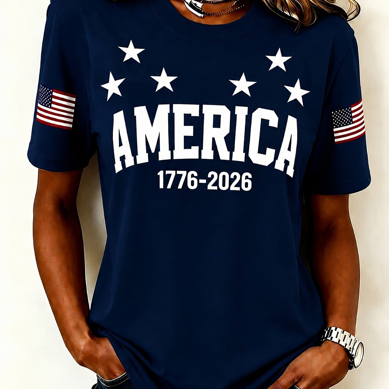 TEMU Men' & Unisex 1776-2026 T-shirt - Loose-fit Patriotic Short Sleeve Shirt With American Flag Cuff Print, Round Neck Casual Top Suitable For , Day Apparel, Wear