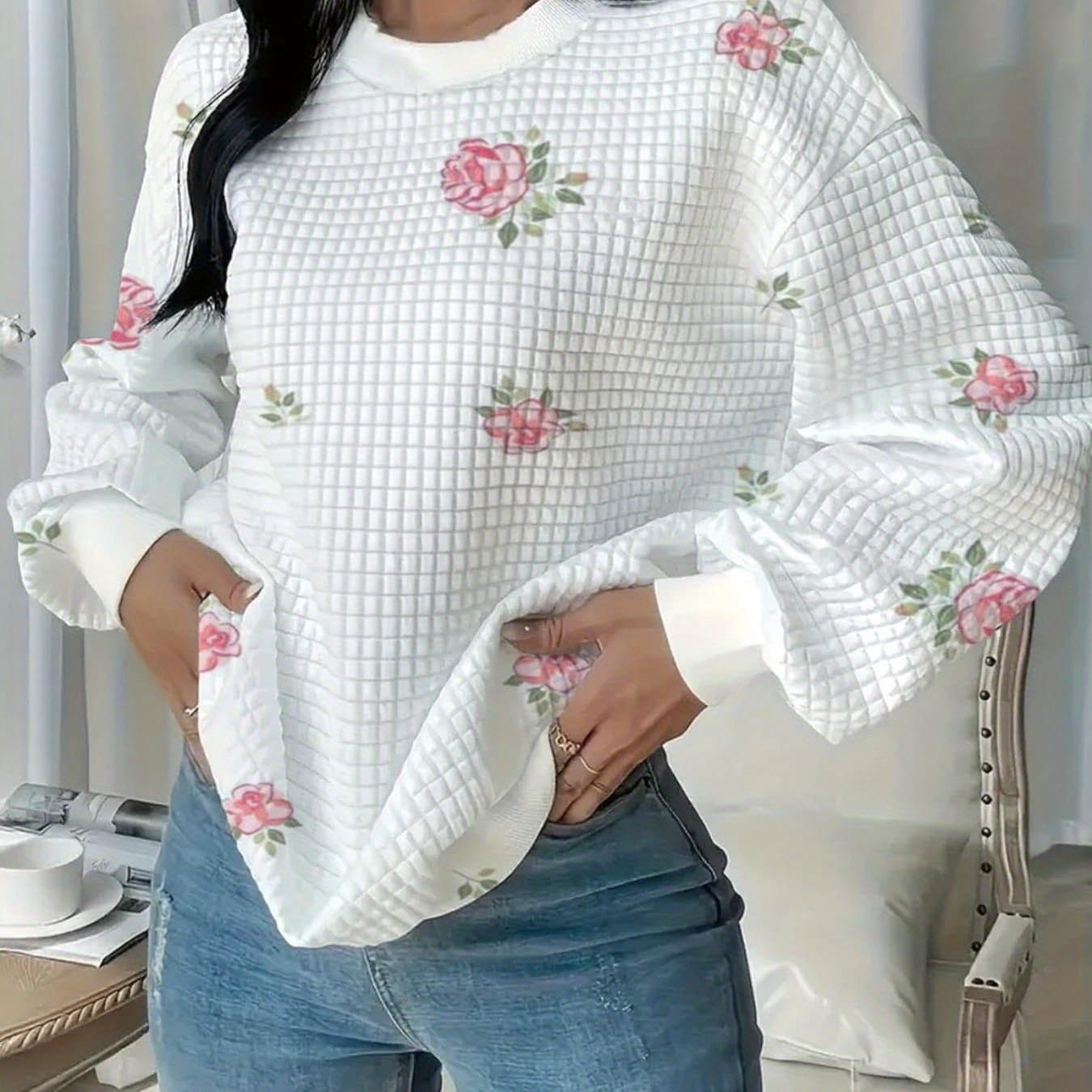 TEMU Plus Size - Plus Size - Plus Size Waffle Round Neck, Casual Long Sleeved Printed Hoodie, Suitable For Autumn And Winter, Women's Plus Size Clothing 0xl-5xl