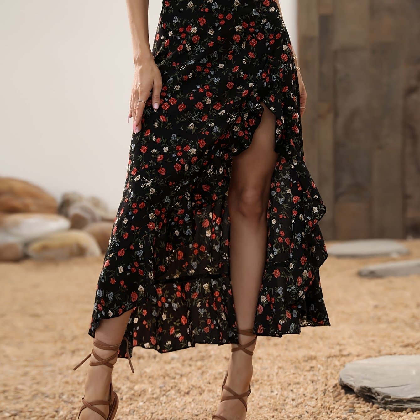 TEMU [yy0228058] Spring Summer Fashion Floral Print Hem Asymmetrical Skirt, Black Floral High-waist Slit Long Dress