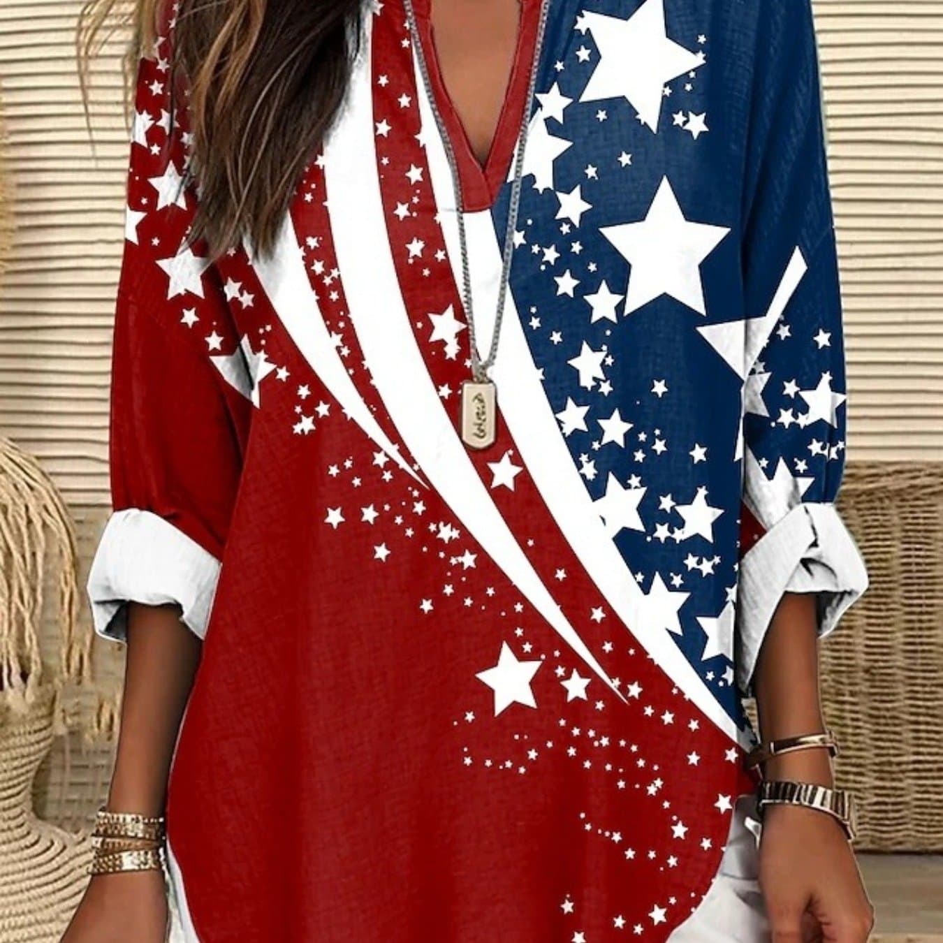 TEMU Women's Print V-neck Long Sleeve Shirt - Casual - Blouse, Machine Washable Top For 4th Of, Outdoor Events & Casual Attire - Non- Apparel In Rwd Color Palette (no