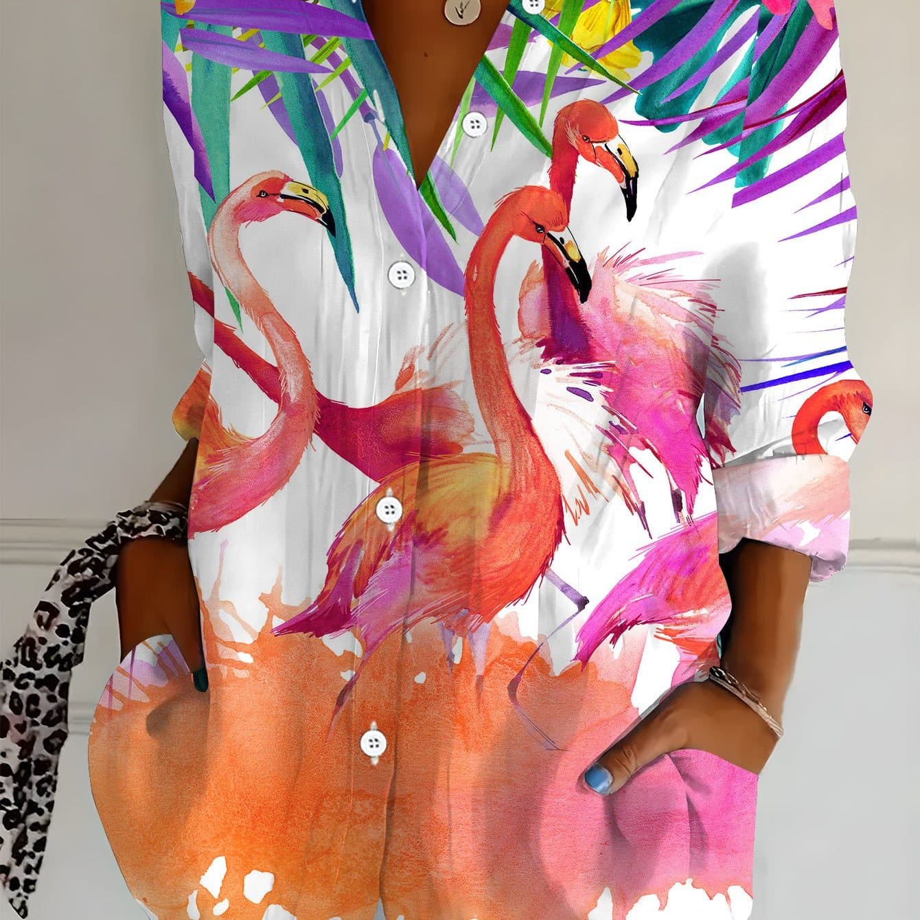 TEMU Women's Long Sleeve Flamingo Print Shirt, Tropical Element Mid-length Top, Colorful 3d Casual Soft Comfortable Light Beige Spring Autumn Basic Layer