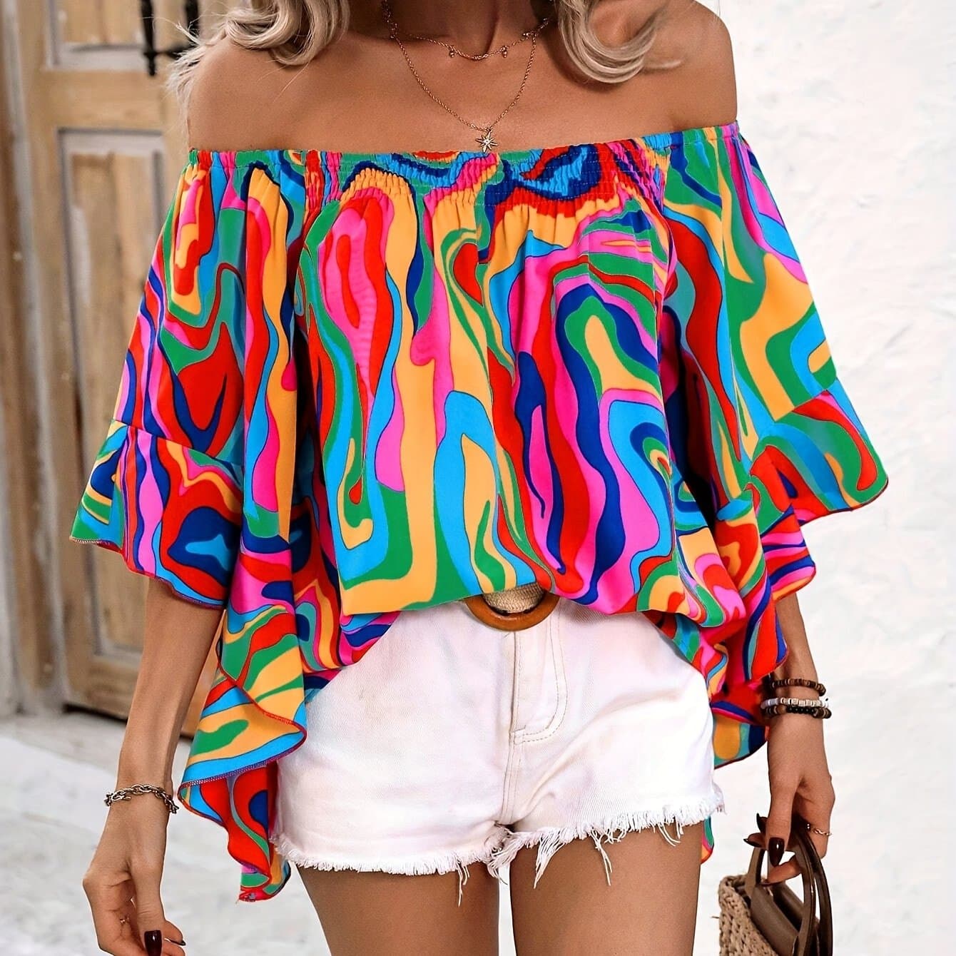 TEMU Plus Size - Plus Size - Holidaya Marble Pattern Off-shoulder Ruffle Loose Casual Shirt