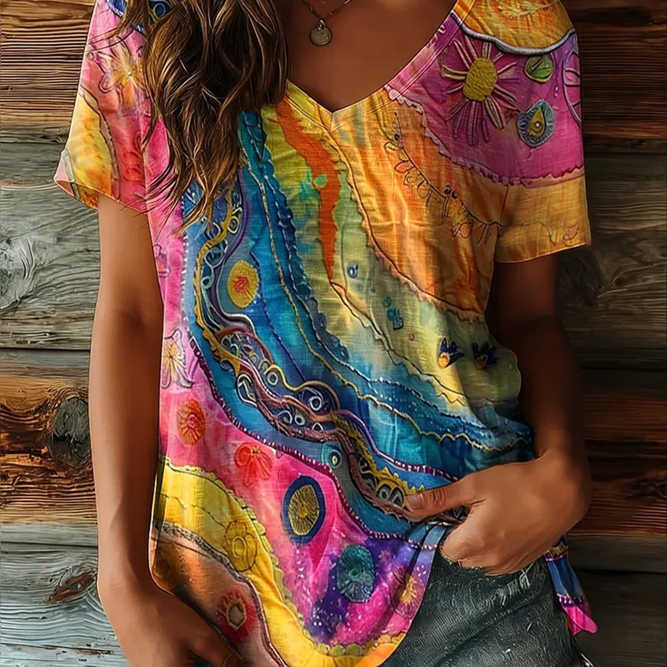 TEMU New Summer Artistic Rainbow Graffiti Tie-dye Printed V-neck T-shirt, Loose And, Casual Ethnic Style Short-sleeve Top
