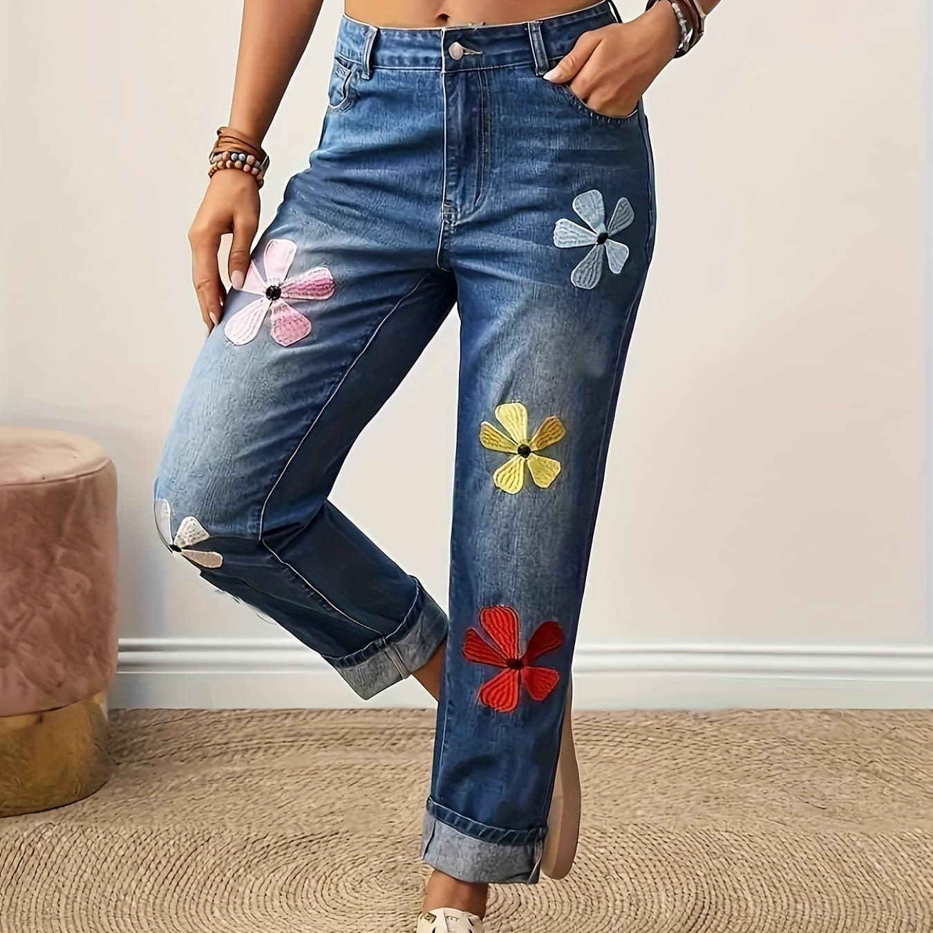 TEMU Women' Mid-waist Slim-fit Rolled-up Straight- Jeans - Washed With Print & Rolled Ankle, Machine-washable All- Pants Suitable For Work, Casual, Weekend & For Home Outfits