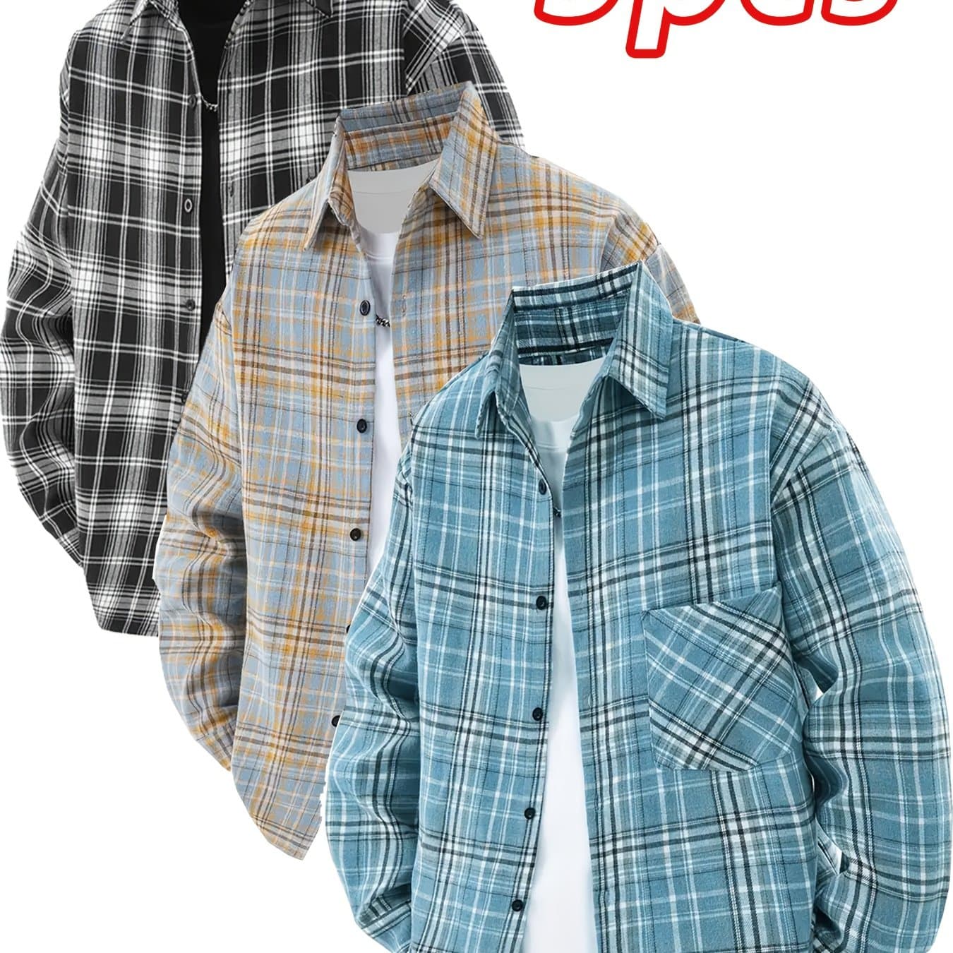 TEMU (3pcs) Unisex European And Casual Shirt, Featuring A Checkered Pattern And A Fashionable, With A Lapel Shirt Style That All Year Round. The Loose And Diverse Needs