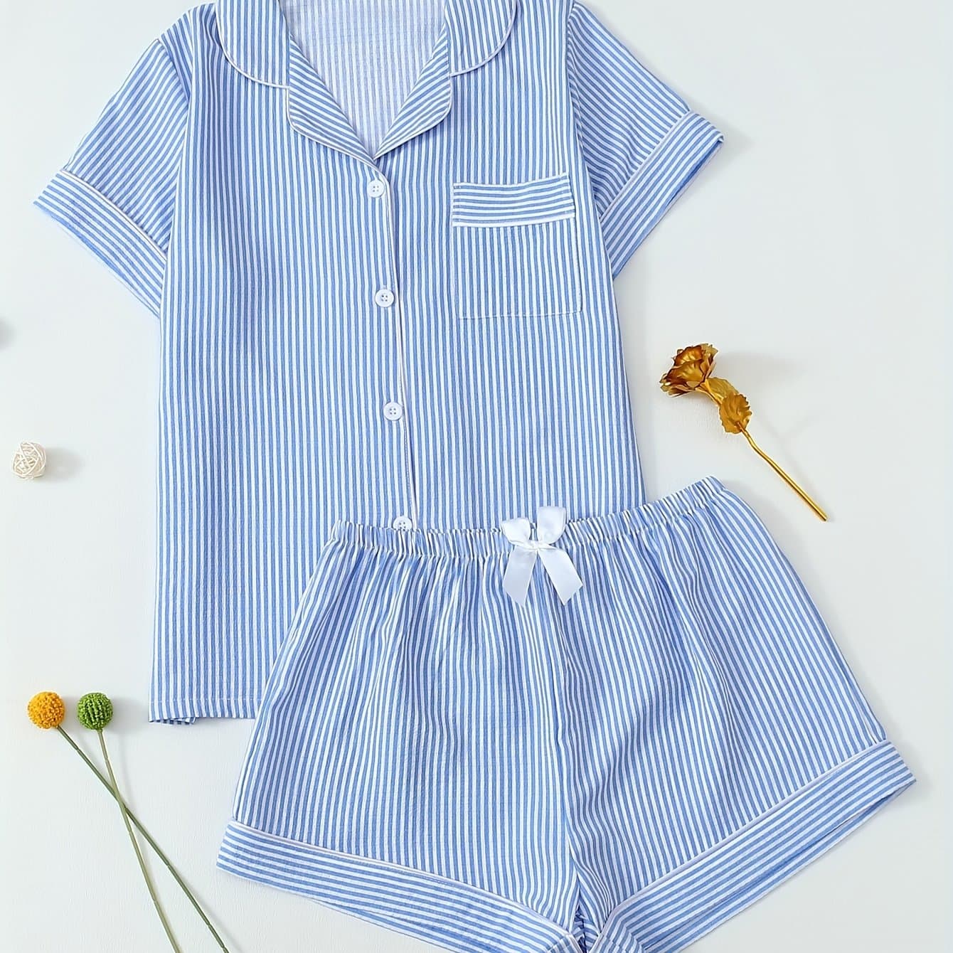 TEMU Striped Print Women's Short Sleeve Shorts Pajama Set